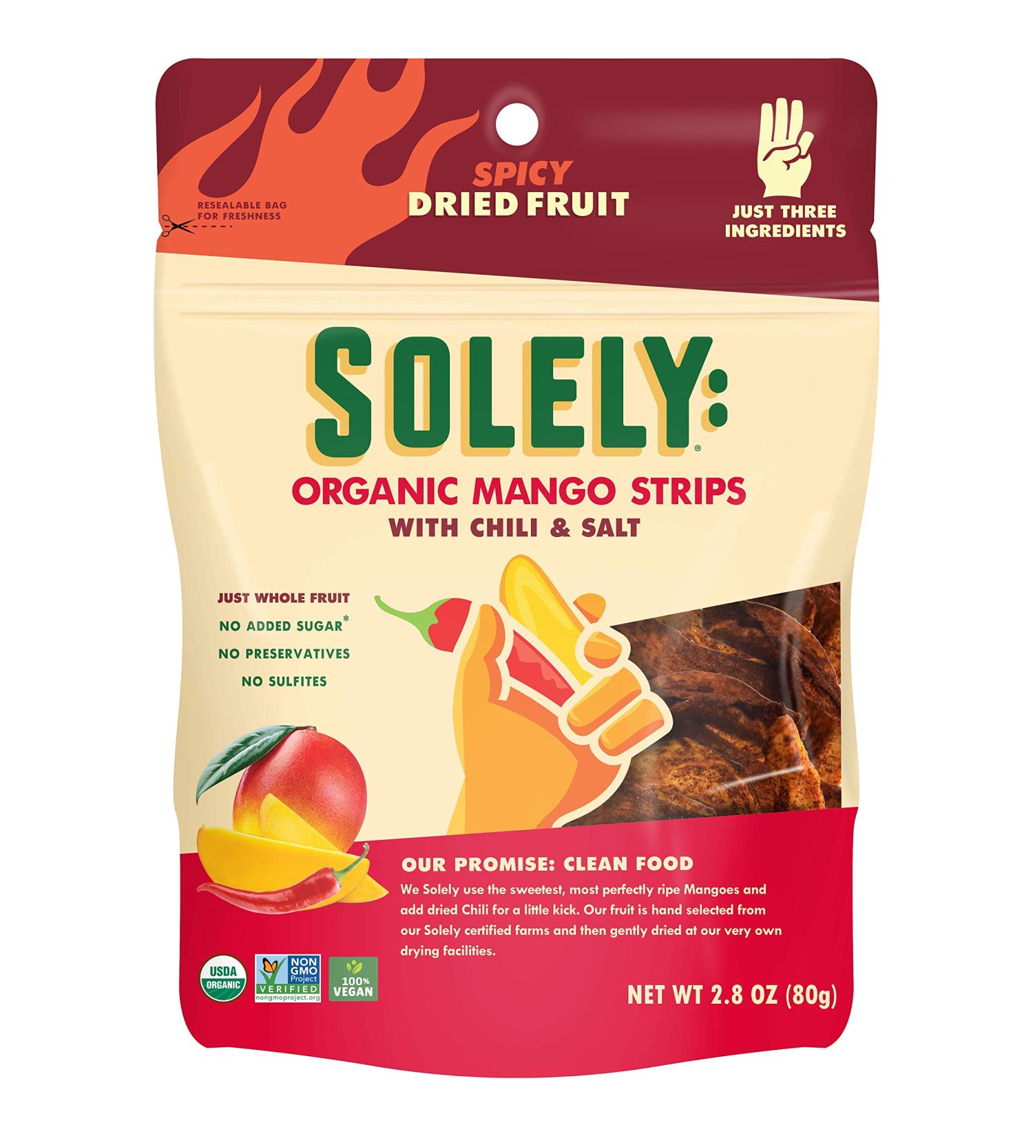 Solely Organic Spicy Mango Strips with Chili and Salt 2.8 oz (Pack of 8) | Vegan, Non-GMO, No Added Sugar | Dried Mango Snack - Buy Online on SooperMarket.com