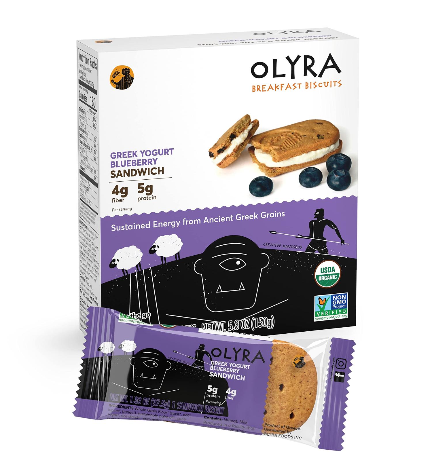 OLYRA Organic Blueberry Breakfast Sandwiches | Low-Sugar, High-Fiber Protein Snack | 1 Box of 4 Individually Wrapped Biscuits - Buy Online on SooperMarket.com