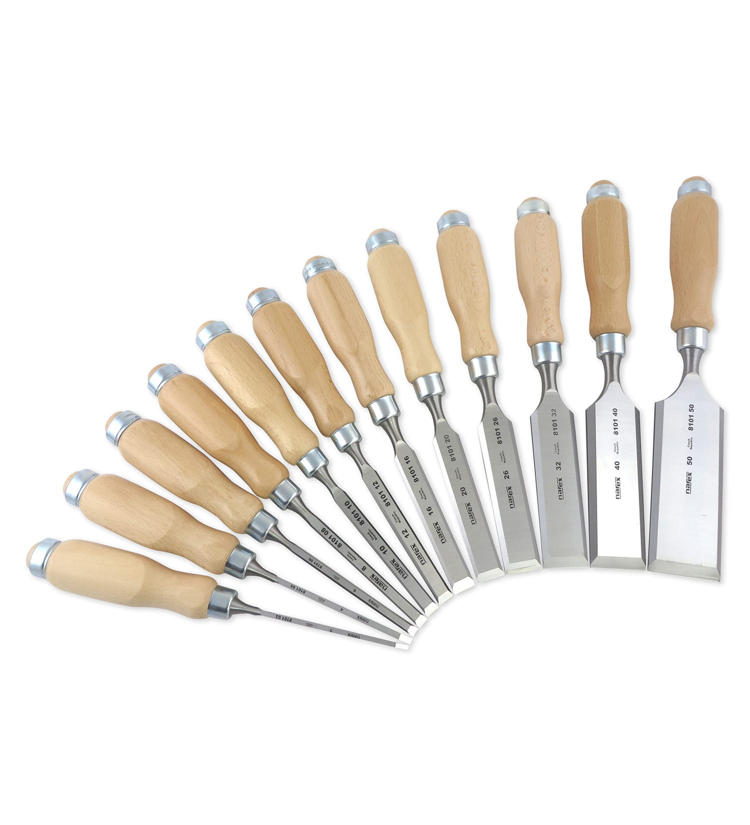 Narex 12 Piece Chisel Set Containing 3 mm (1/8) 4 mm (3/16)  6 mm (1/4)  8 mm (5/16)  10 mm (3/8) 12 mm (1/2)  16 mm (5/8)  20 mm (11/16)  26 mm (1 1/16)  32 mm (1 1/4)  40 mm (1 5/8) and