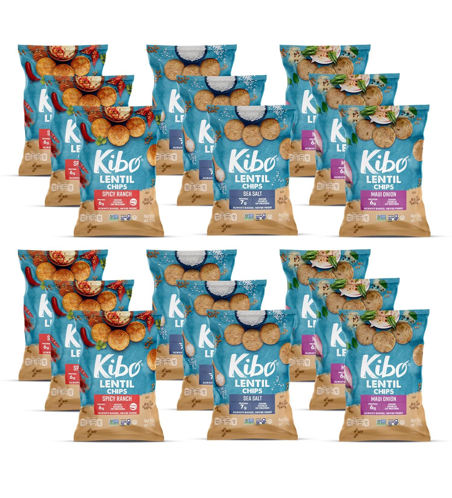 Kibo Lentil Chips Variety Pack - Gluten-Free Vegan - Non-GMO - Plant-Based 28g - Maui Onion, Sea Salt, Spicy Ranch - 18 Pack - Buy Online on SooperMarket.com