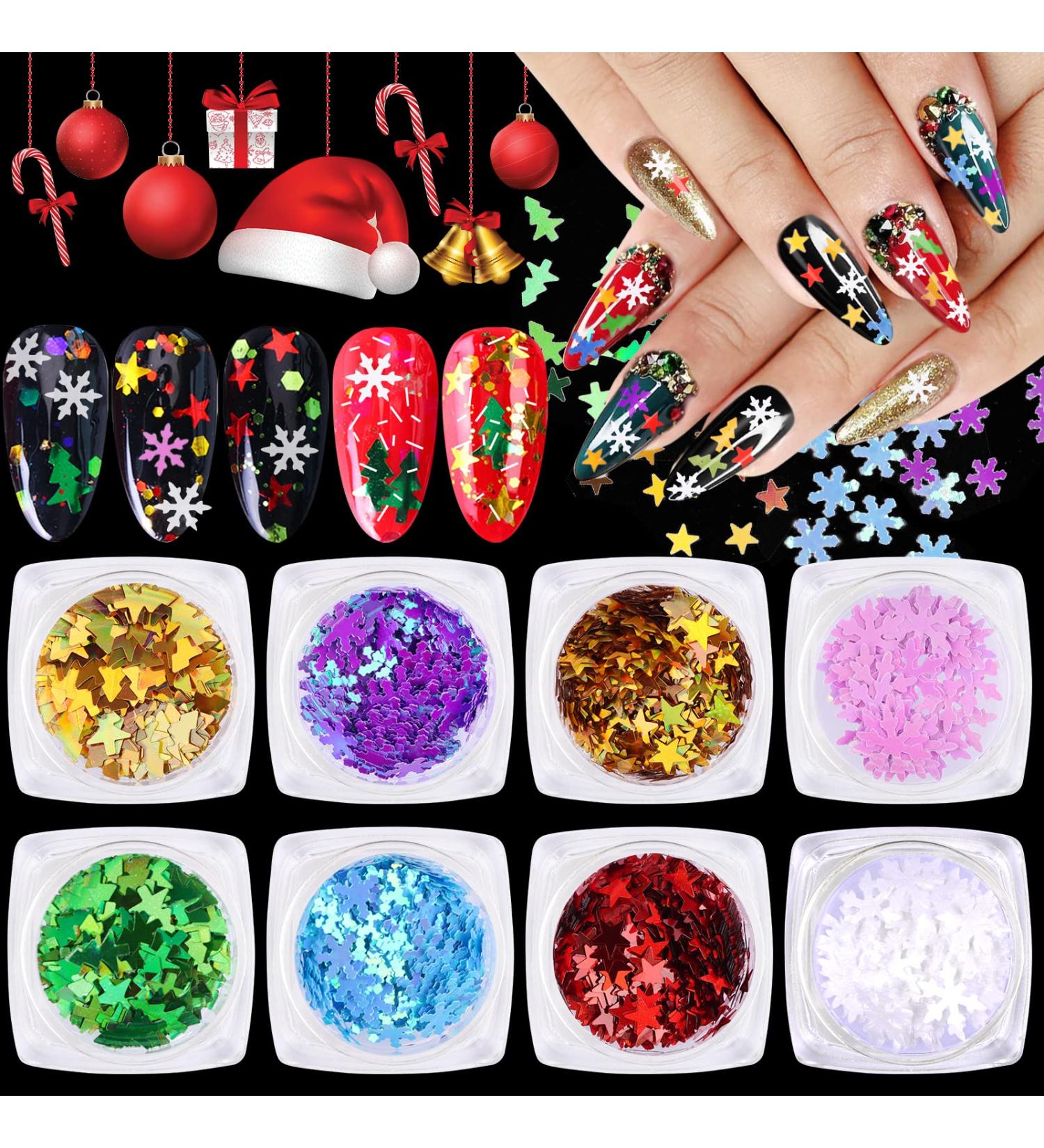 Ebanku 8 Boxes Christmas Nail Art Sequin Snowflakes Glitter | Holographic Christmas Nail Flakes & DIY Decorations - Buy Online on SooperMarket.com