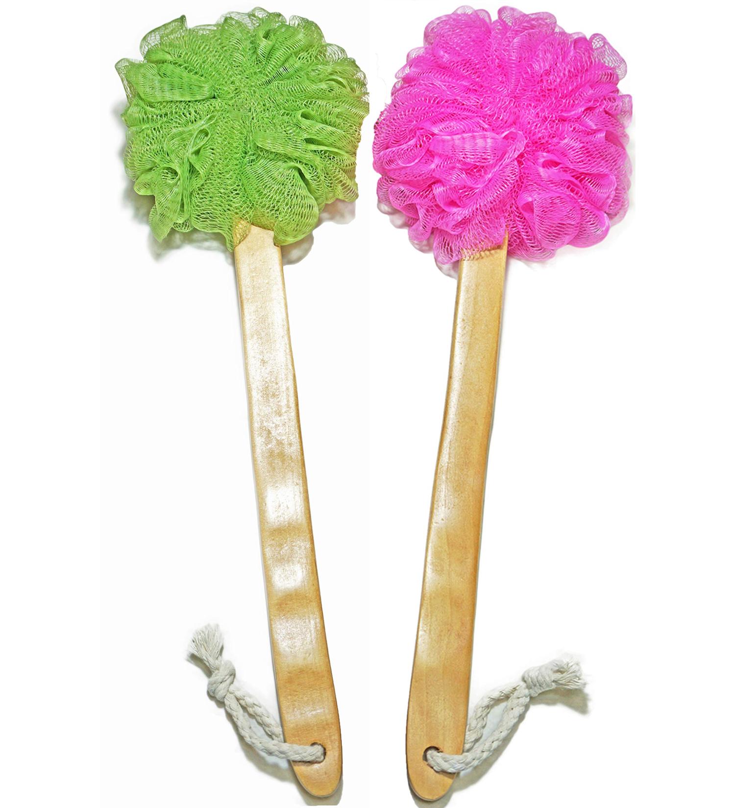 Shower Loofah Body & Back Scrubber - Exfoliating Bath Brush with Long Wooden Handle - 2-Pack for Men & Women - Buy Online on SooperMarket.com