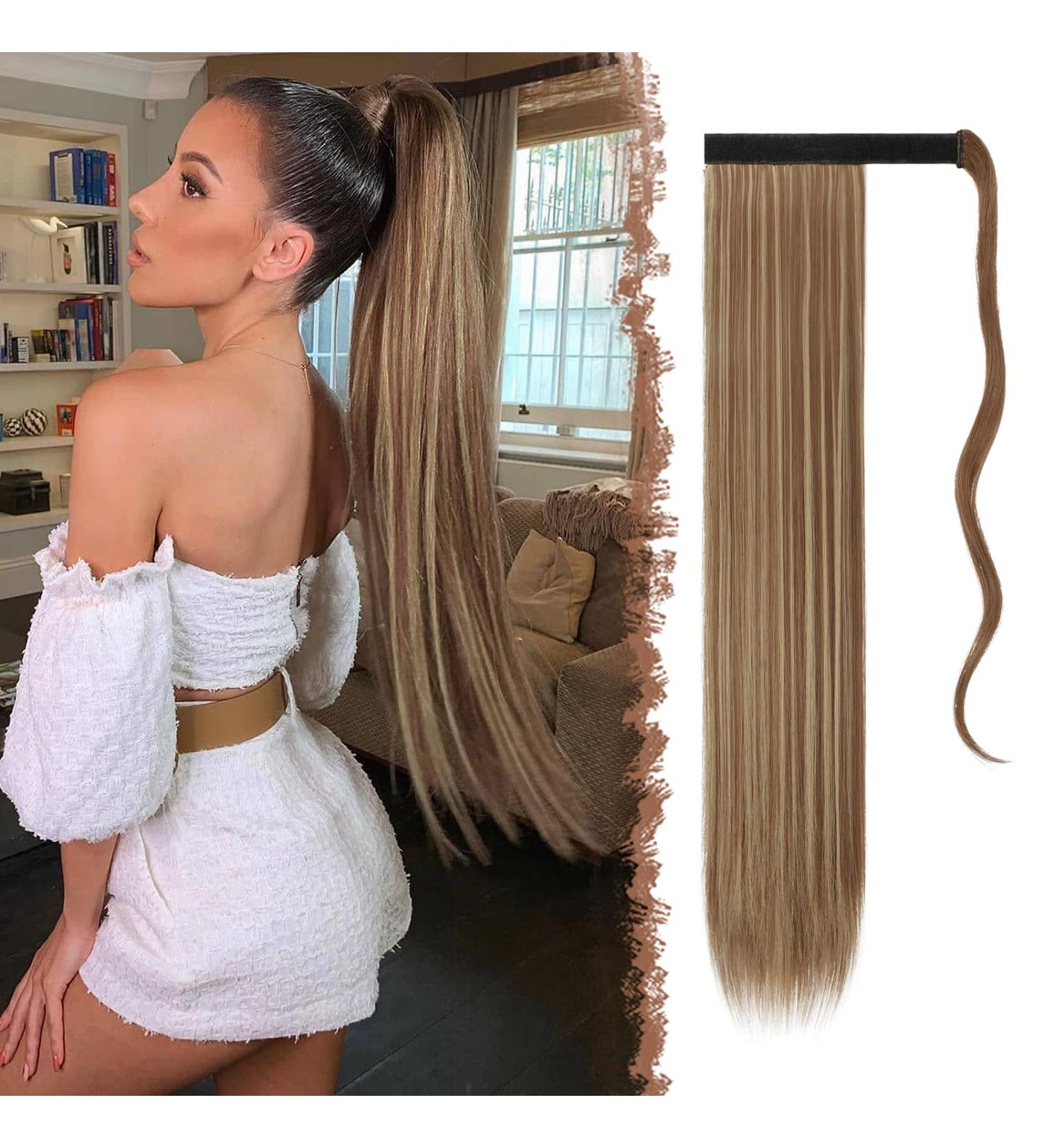 FESHFEN Straight Ponytail Extensions Long Wrap Around Ponytail Synthetic Clip in Pony Tail Hair Extensions Brown & Blonde Hairpiece for Women 24 inch 24 inch (Pack of 1) Brown & Blonde - Buy Online on SooperMarket.com