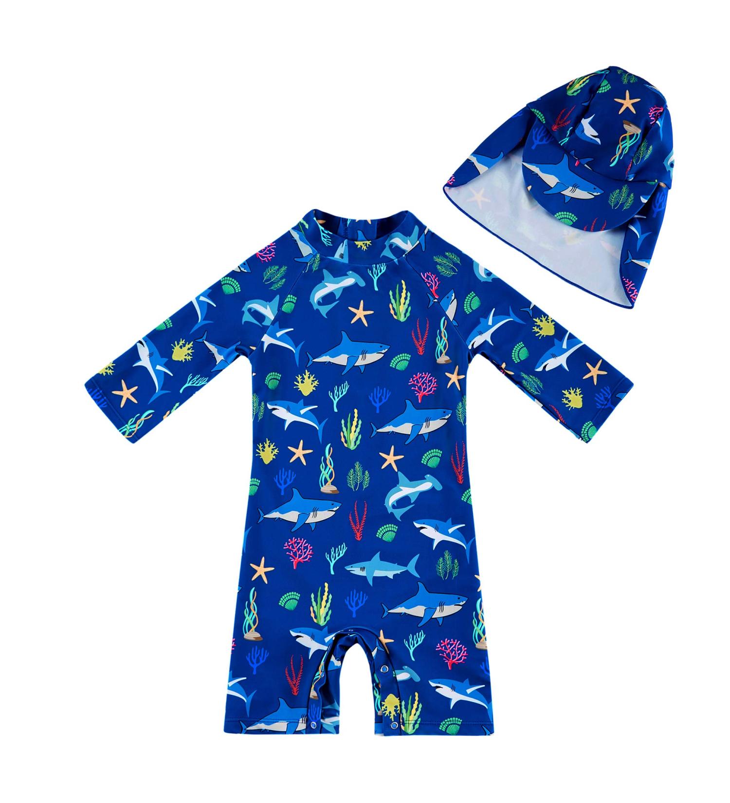 UPF 50+ Blue Shark Baby Swimsuit | Snap Bottom | 6-9 Months - Buy Online on SooperMarket.com