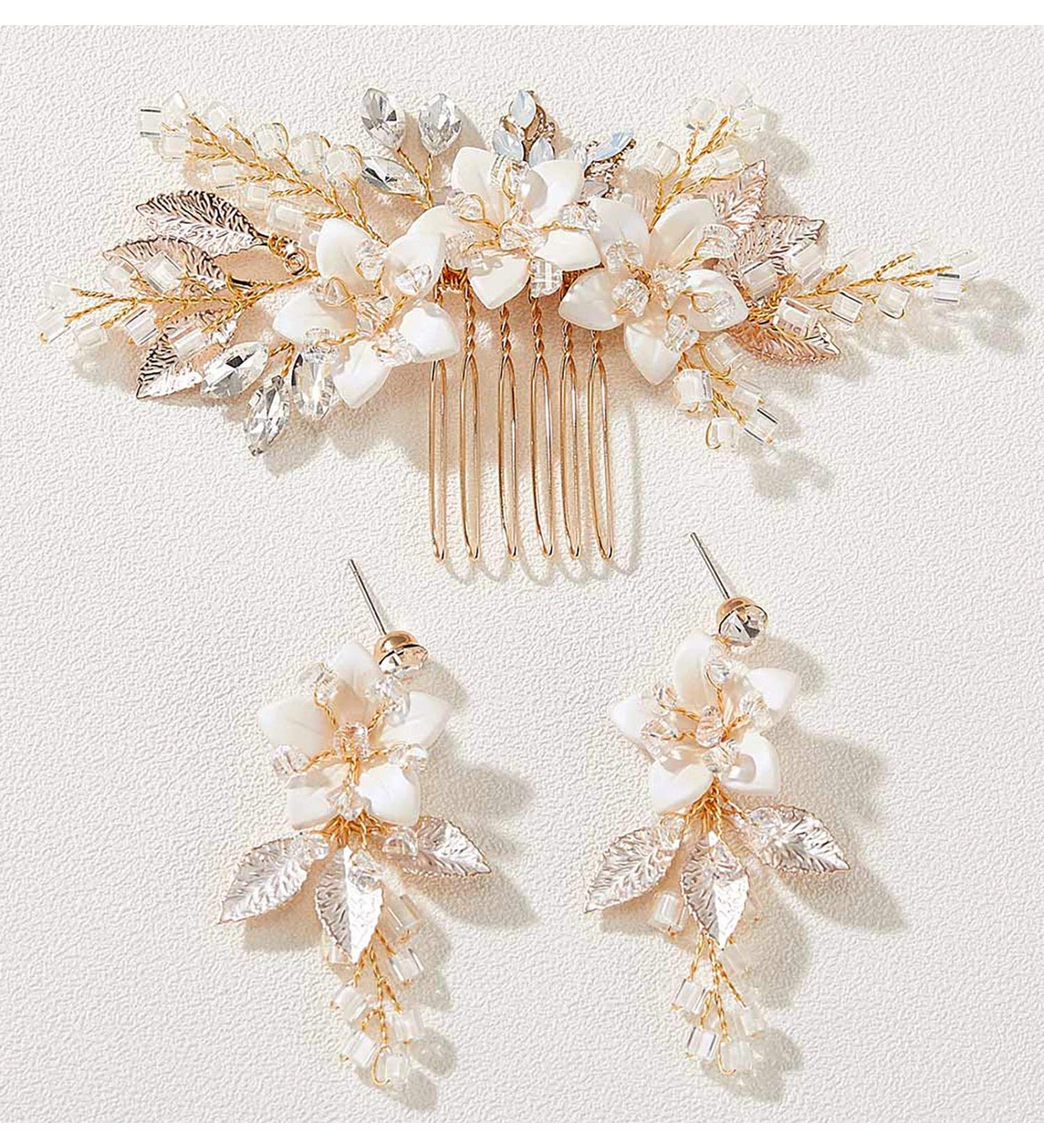 SWEETV Handmade Gold Wedding Hair Comb and Bridal Earrings Set - Elegant Accessories for Brides - Buy Online on SooperMarket.com