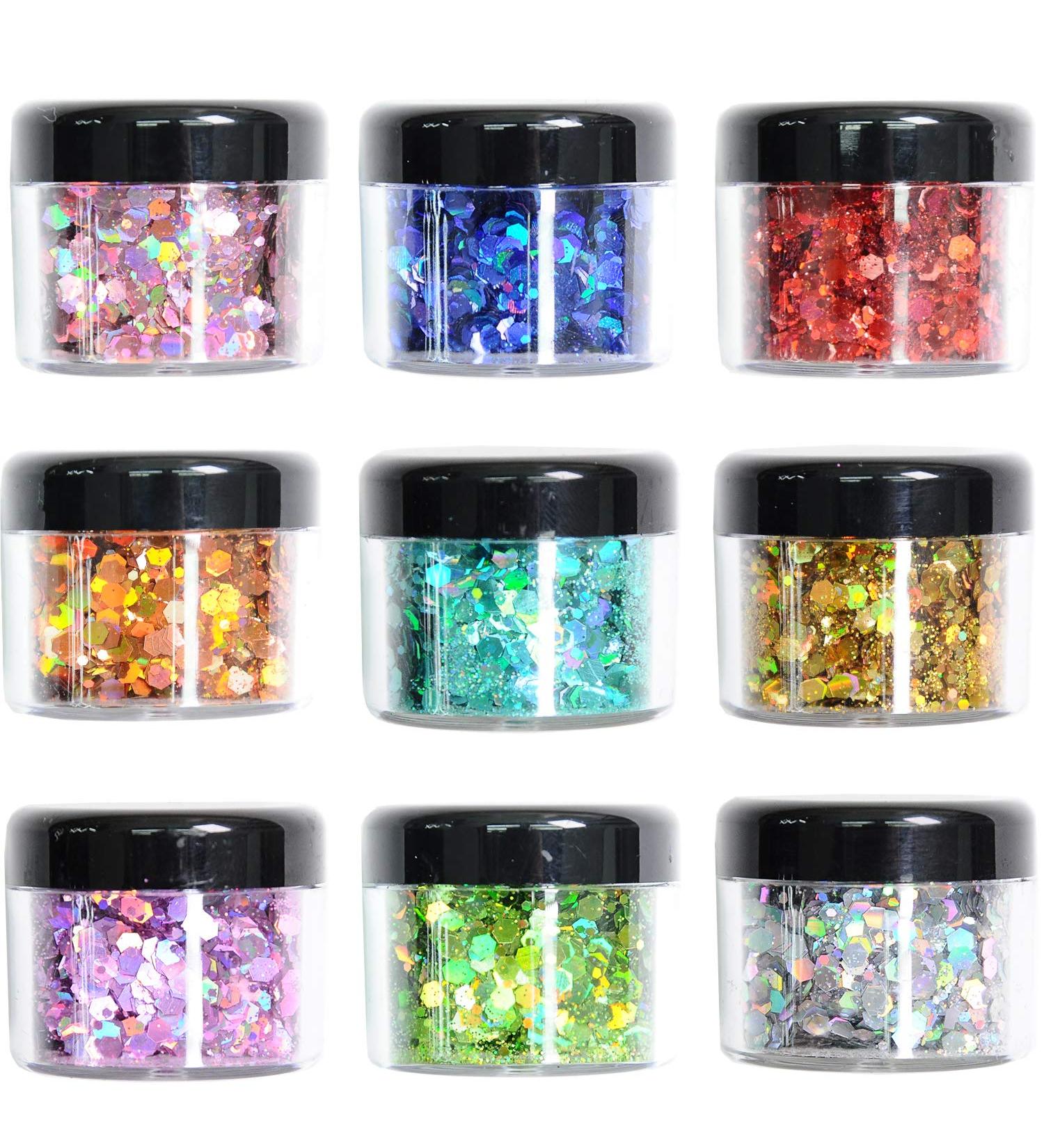 9 Colors Body Glitter Set - Holographic Cosmetic Festival Makeup for Nail, Hair, Eye, and Face - 190g Chunky Powder - 9 Bottle Variety Pack - Buy Online on SooperMarket.com