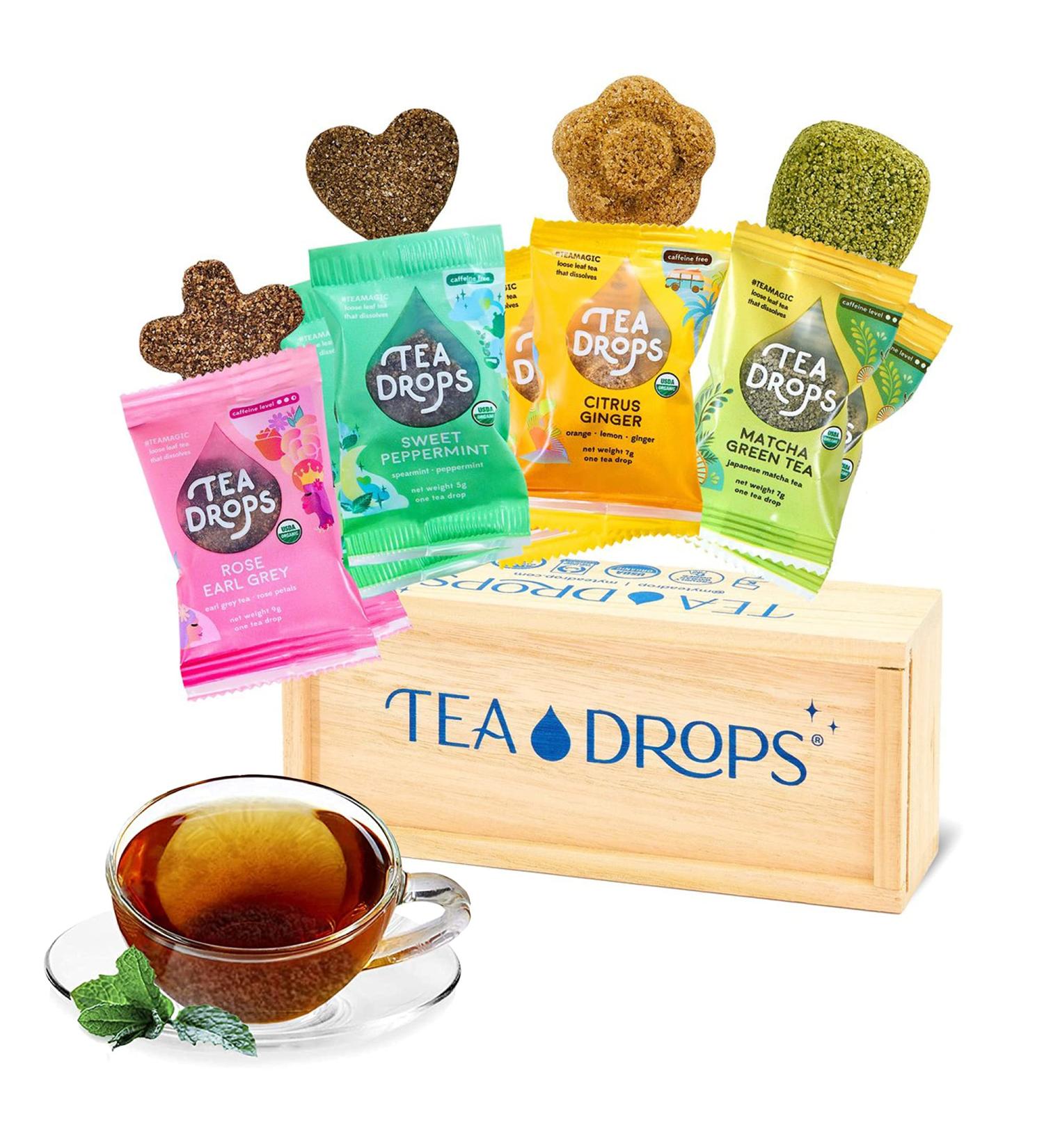 Tea Drops Lightly Sweetened Loose Leaf Gift Box - 8 Drops with Matcha, Rose, Earl Grey, Citrus Ginger & Peppermint - Wooden Gift Box - Bagless CafDecaf Tea Assortment - Buy Online on SooperMarket.com