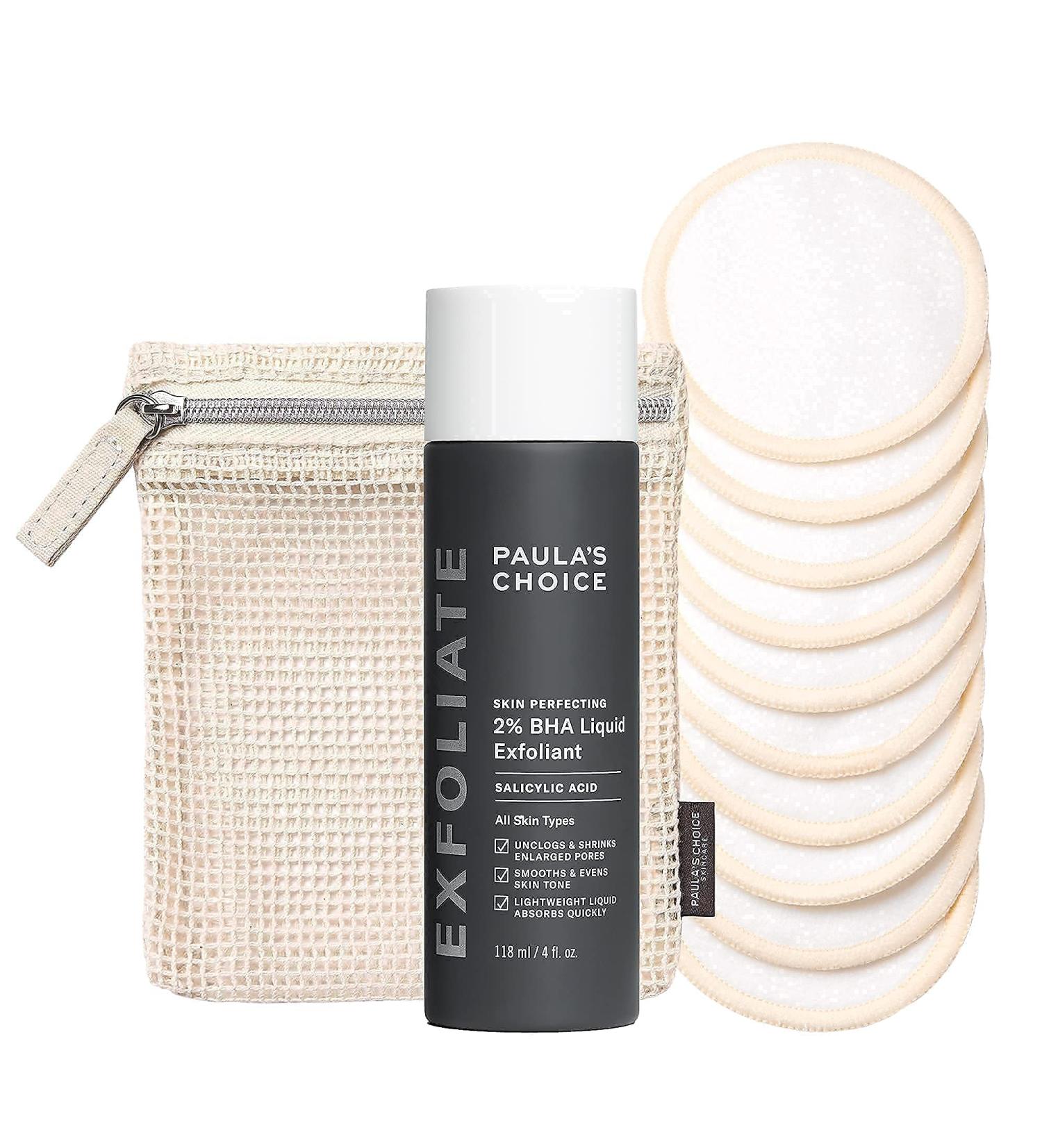 Paula's Choice 2% BHA Salicylic Acid Exfoliant Duo with Reusable Cotton/Bamboo Pads - Toner, Exfoliant, Makeup Remover - Eco-Friendly, Fragrance-Free, Paraben-Free - Buy Online on SooperMarket.com