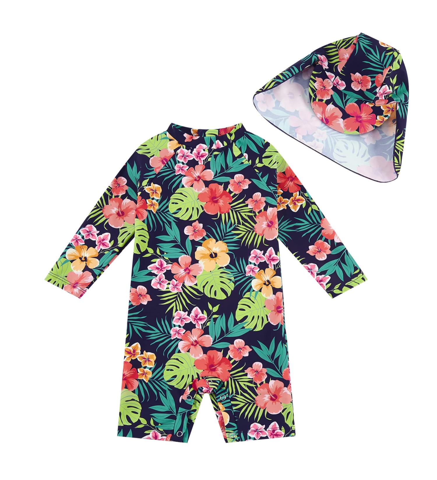 UPF 50+ Navy Flower Baby Girls Swimsuit with Snap Bottom | UPF Sun Protection | 3-6 Months - Buy Online on SooperMarket.com