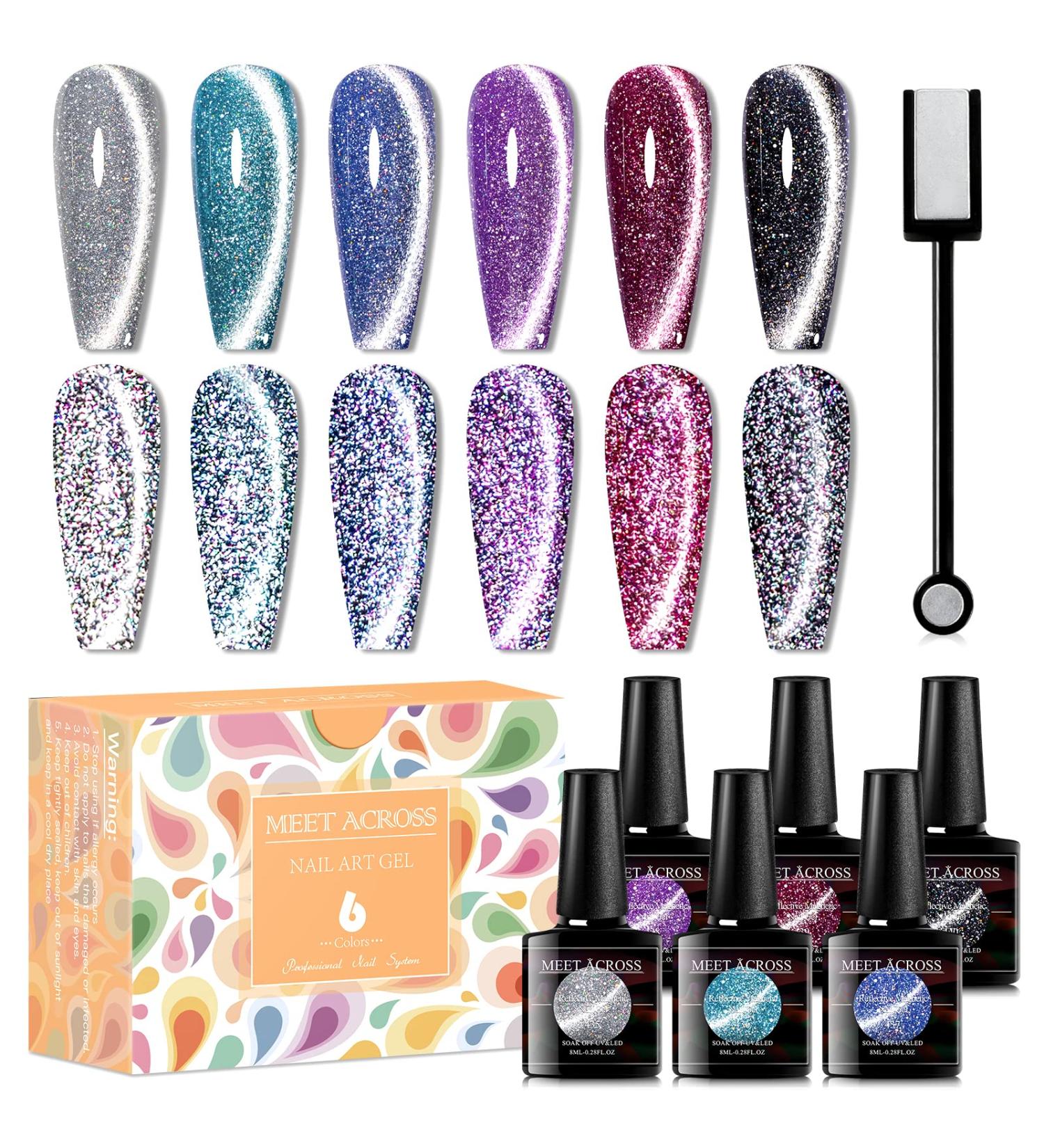 MEET ACROSS Reflective Glitter Cat Eye Gel Nail Polish Set - Magnetic UV Gel for Nail Art Salon & DIY - Buy Online on SooperMarket.com