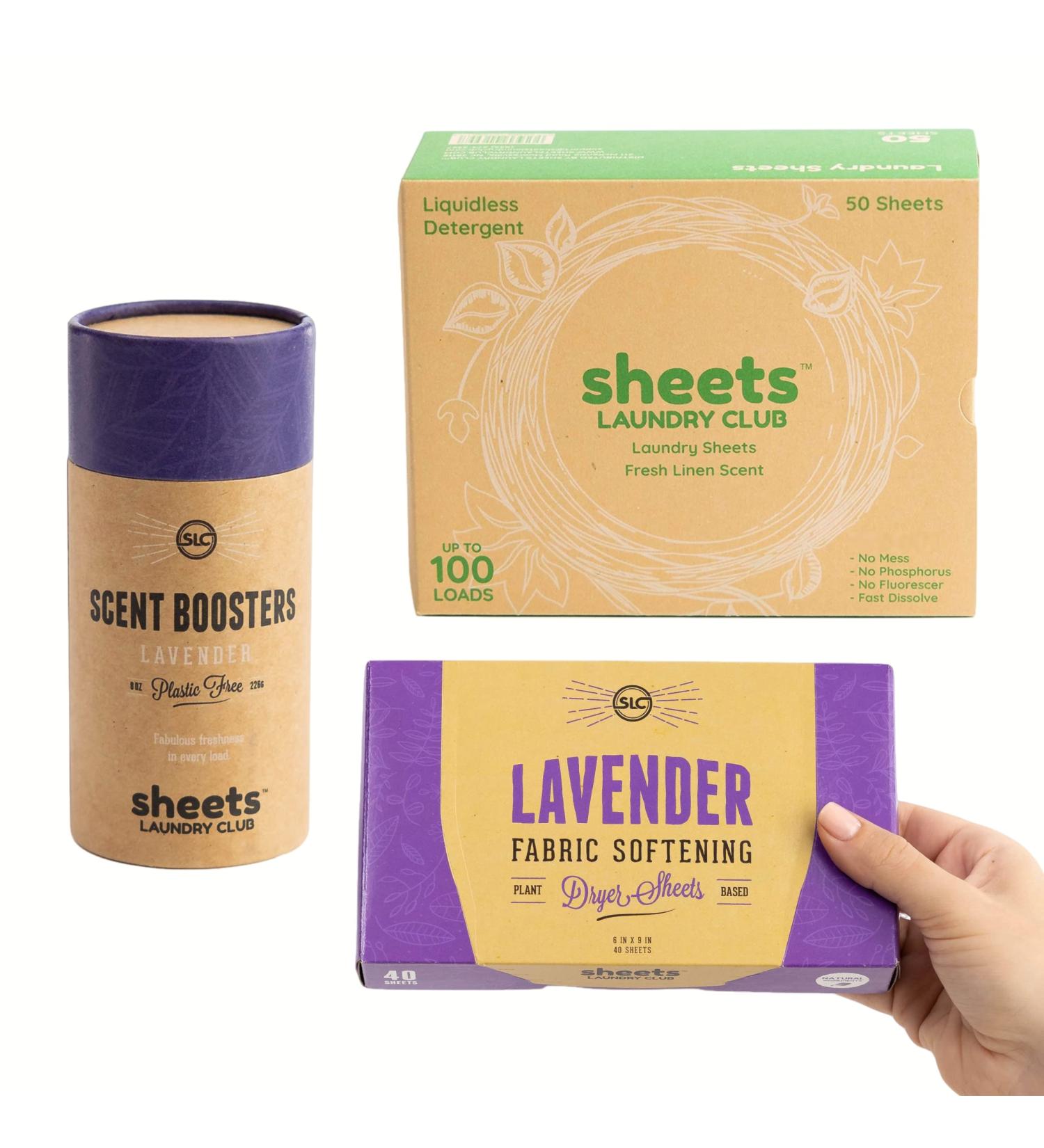 Sheets Laundry Club All In One Laundry Kit: 50 Fast Dissolving Fresh Linen Sheets, Lavender Scent Booster, Plant Based Dryer Sheets - Buy Online on SooperMarket.com