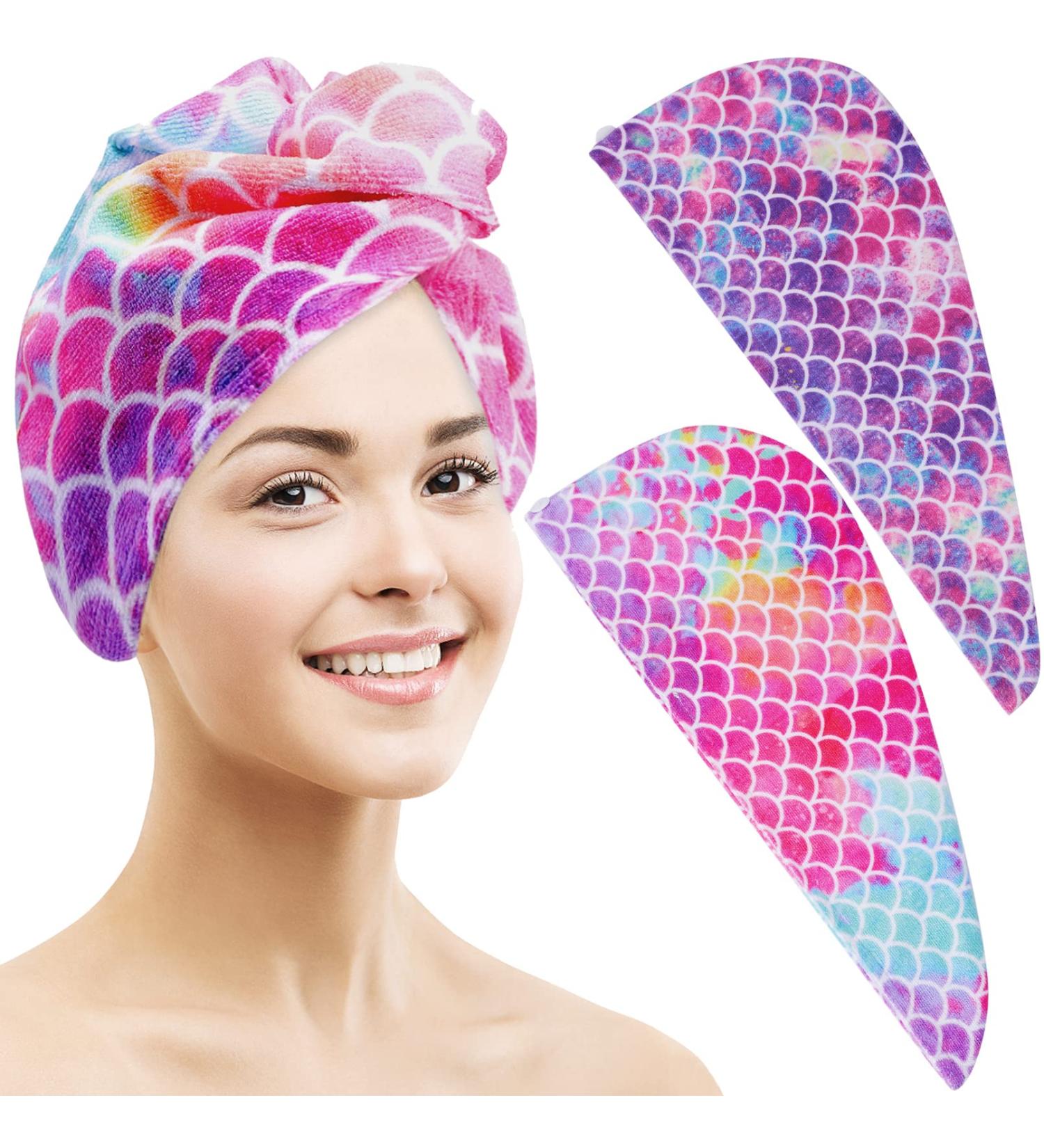 2 Pack Microfiber Hair Towel Wrap for Kids & Women - Super Absorbent & Quick Dry Hair Turban for Curly, Long, Thick Hair - Anti-Frizz Twisty Hair Towel - Mermaid Design - Buy Online on SooperMarket.com