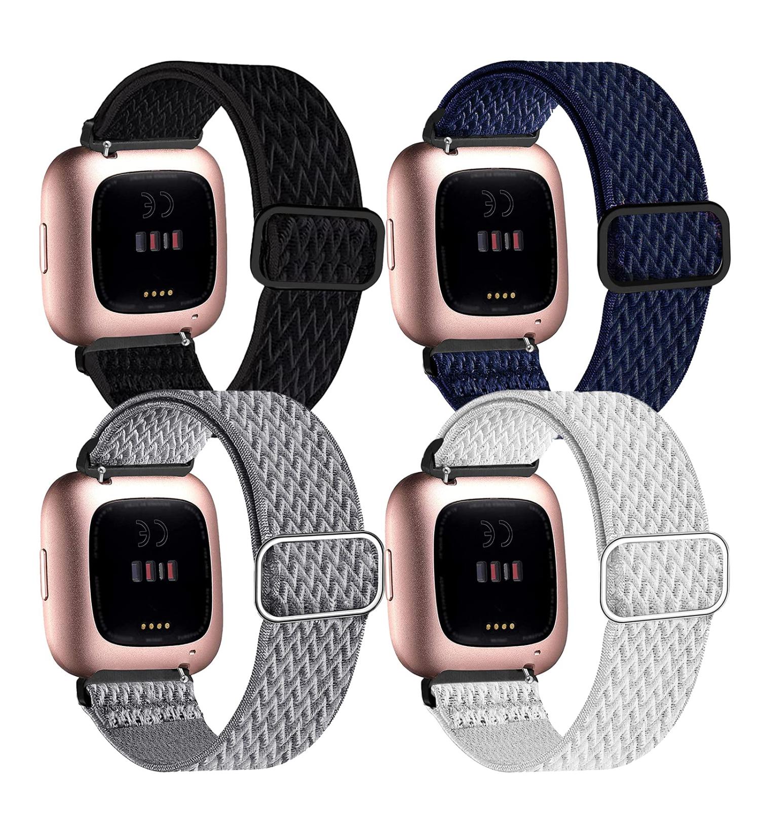 Fitbit Versa Elastic Bands 4 Pack Compatible - Soft Nylon Straps for Women Men - Black, Dark Blue, Light Gray, White - Adjustable & Stretchy - Buy Online on SooperMarket.com