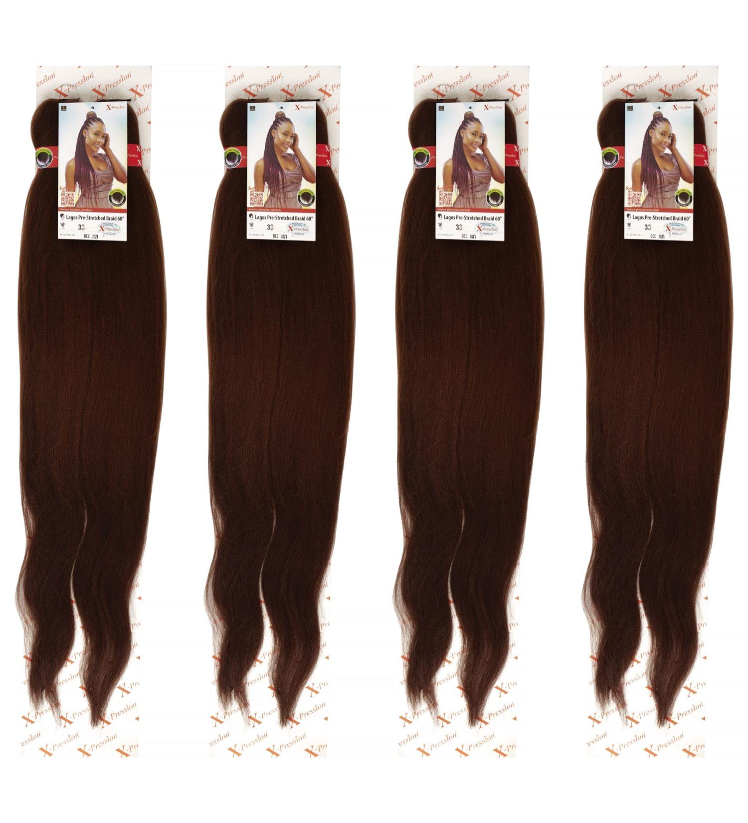 x-pression 4 PACK LAGOS BRAID Pre-Pulled Hair Extension 46'' Inch 2 IN A Pack (Colour 33 Dark Brown) auburn brown 46"