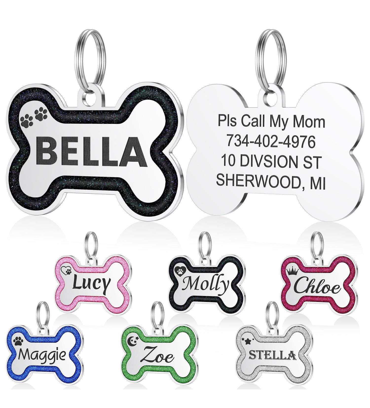 Yhananti Personalized Dog Tag for Small to Medium Dogs - Engraved Stainless Steel with Name Phone Address - Glitter Bones Design (Black Large) - Buy Online on SooperMarket.com