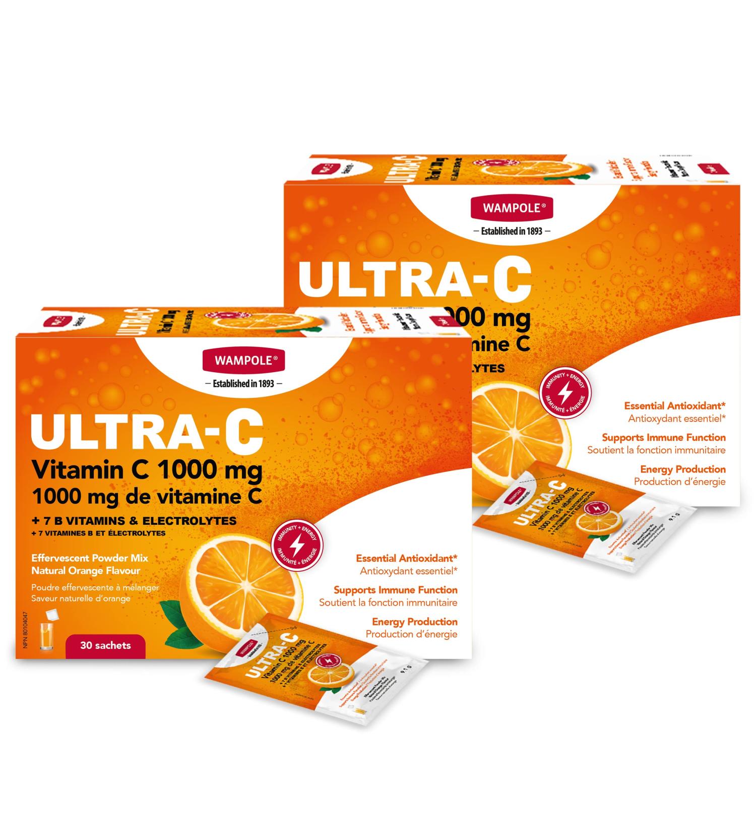 Wampole Ultra-C 1000 mg of Vitamin C + B Vitamins & Electrolytes Effervescent Powder Mix Immunity Energy and Hydration (2 Pack) - Buy Online on SooperMarket.com