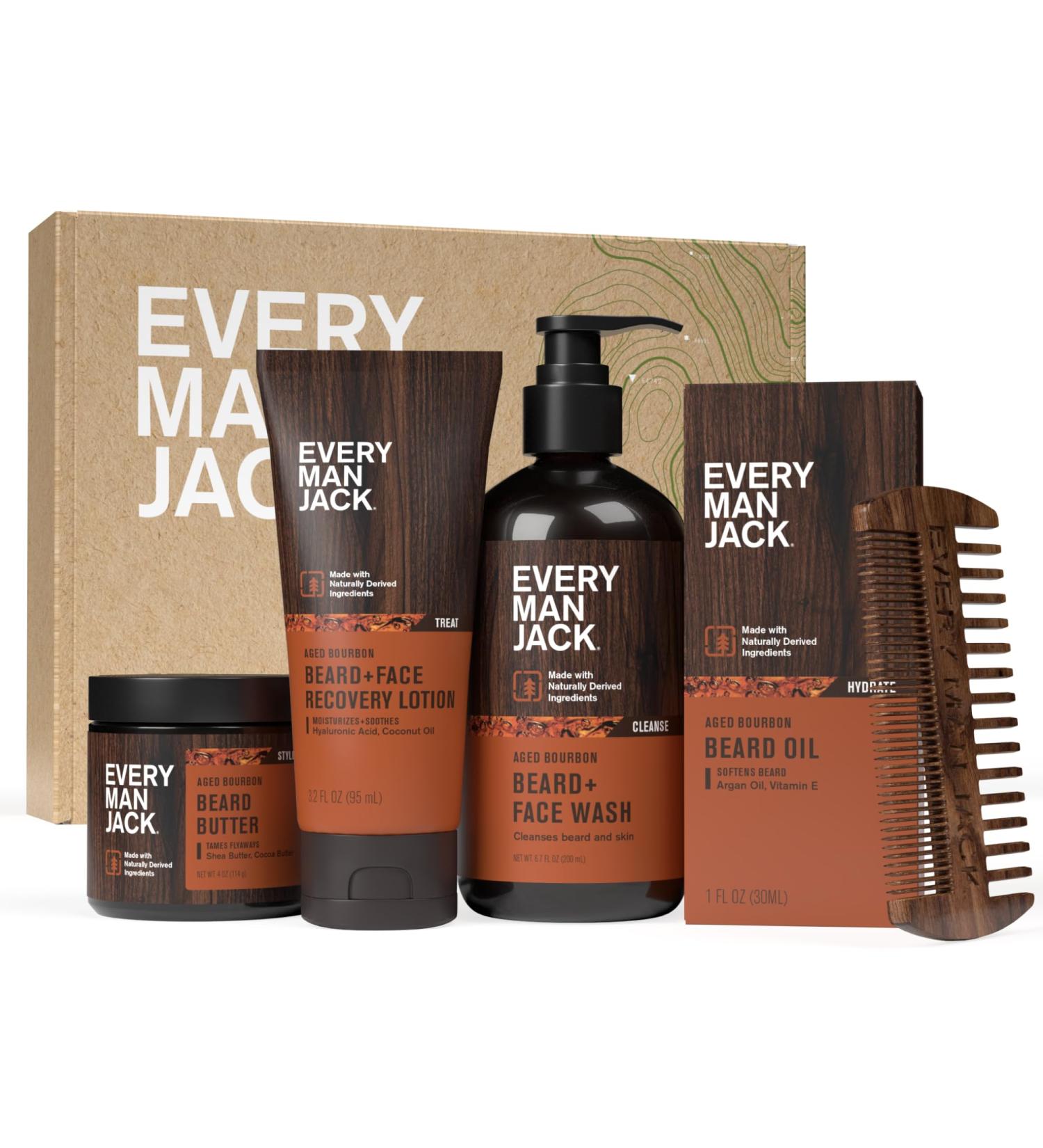 Every Man Jack Men's Aged Bourbon Beard Set - Complete Grooming Essentials: Beard Wash Lotion Oil Butter & Comb - Buy Online on SooperMarket.com