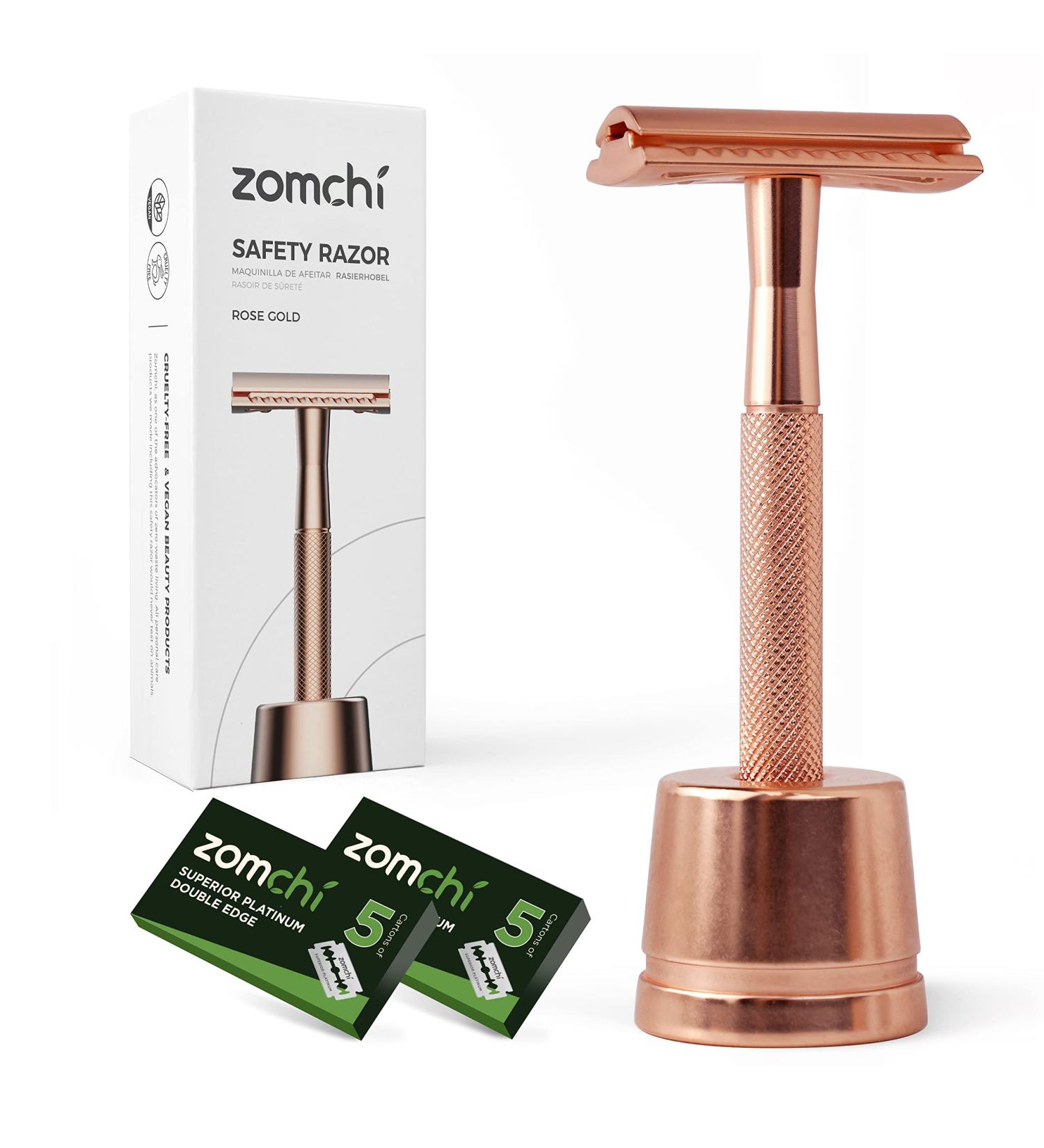 Eco-Friendly Rose Gold Razor Plane & Stand | Women's Zero Waste Safety Razor | Metal Plastic-Free Shaving for Intimate Areas - Buy Online on SooperMarket.com