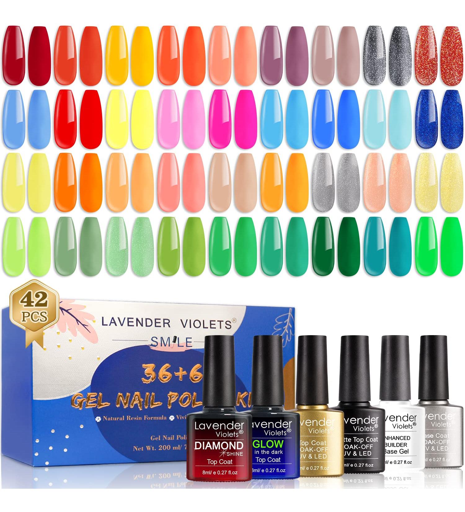 Lavender Violets 42 Piece Gel Nail Polish Set with Fluorescent Finish - UV/LED Soak-Off Formula - Includes Glossy, Matte, Diamond, and Glow in the Dark Top Coats - Full Range Shades - C955 Sunflowers - Buy Online on SooperMarket.com