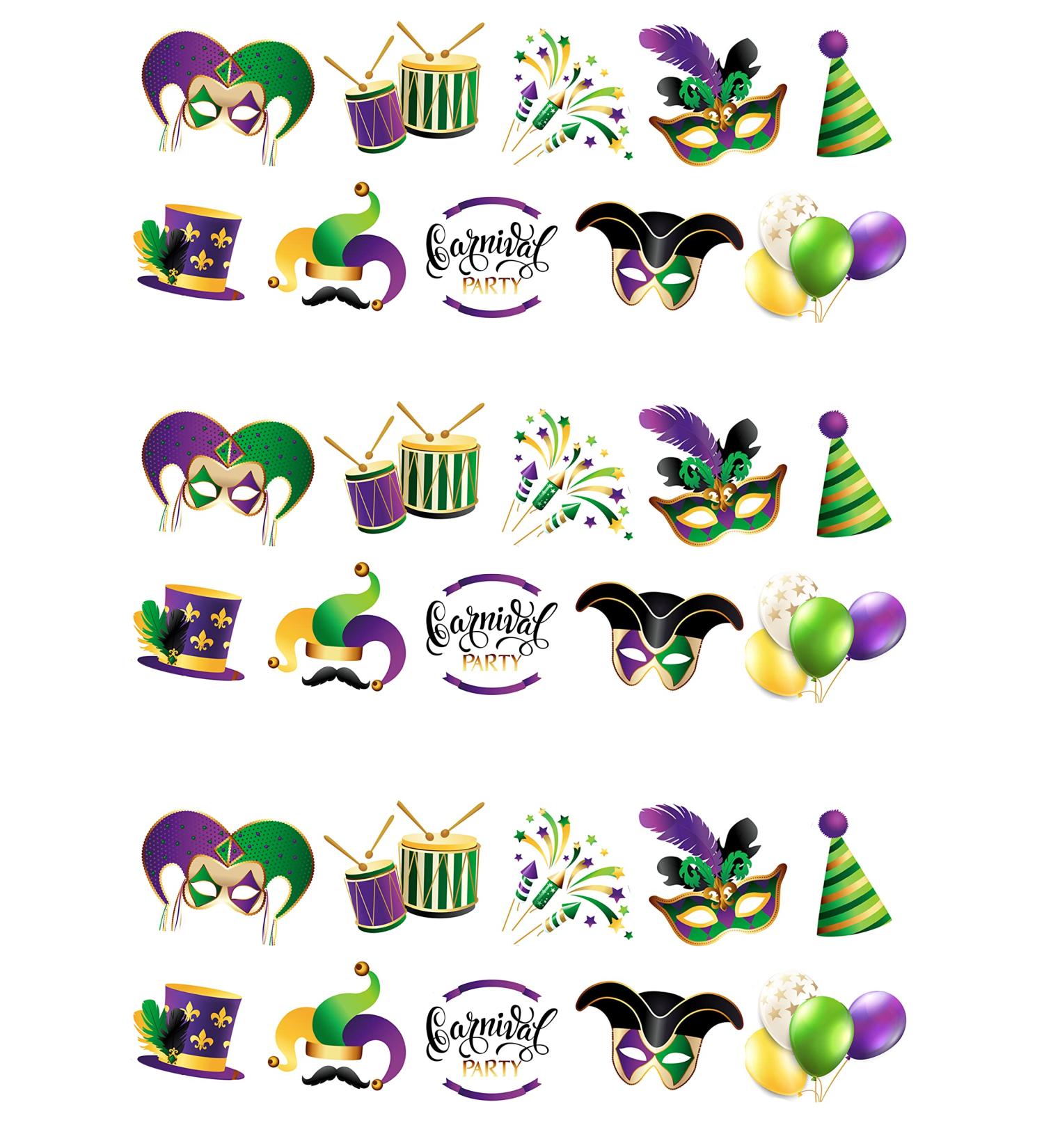 30 Stand Up Mardi Gras Carnival Fiesta Themed Edible Wafer Paper Cake Toppers Decorations
