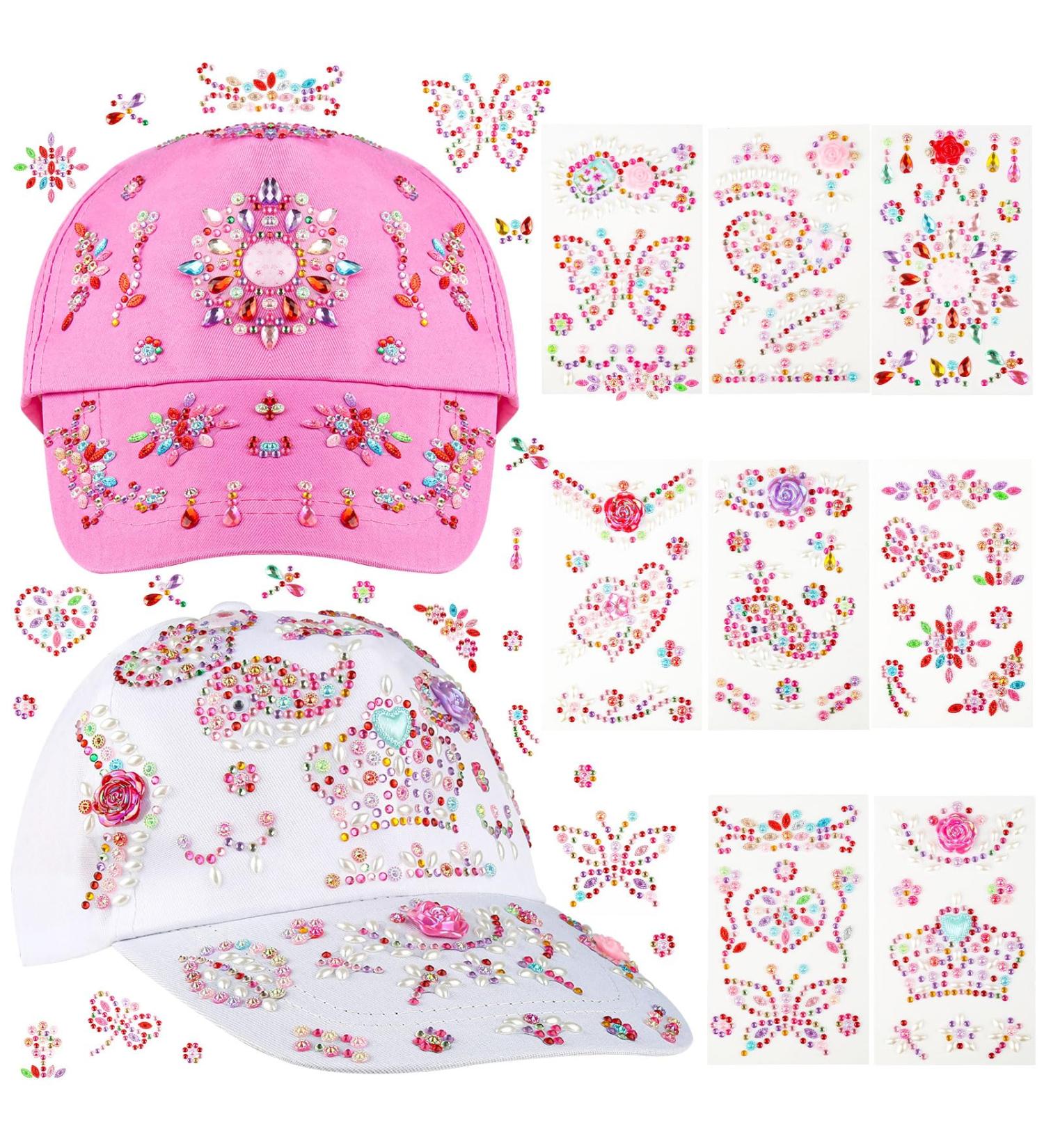 Personalized DIY Baseball Cap Set for Girls - Adjustable Glittering Sun Hat with 8 Leaves Stones - Buy Online on SooperMarket.com