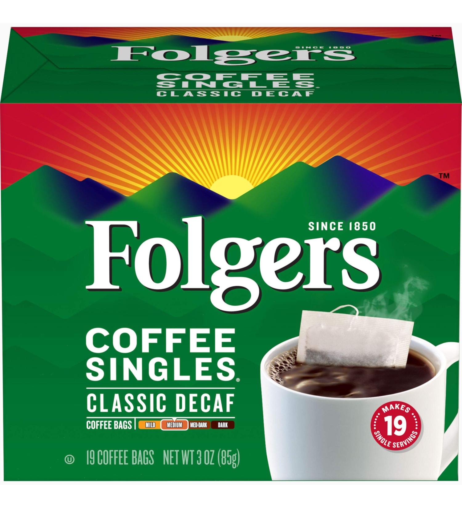 Folgers Coffee Singles Classic Decaf Medium Roast 19 Single Serve Bags - 19 Count Pack - Buy Online on SooperMarket.com