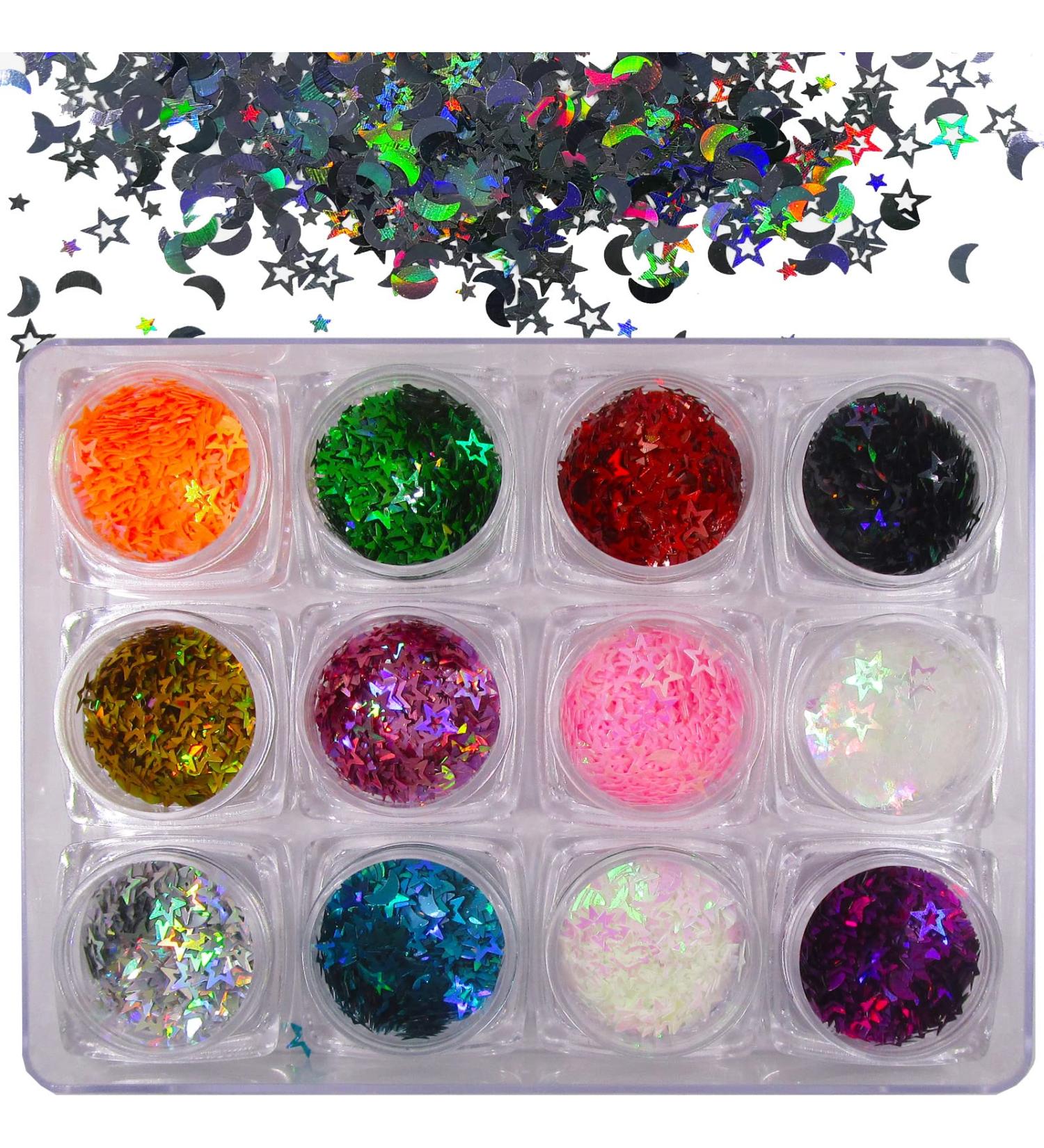 Holographic Nail Art Glitter Sequins - 12 Colors Star Moon Confetti for Nails, Crafts & Slime - Buy Online on SooperMarket.com