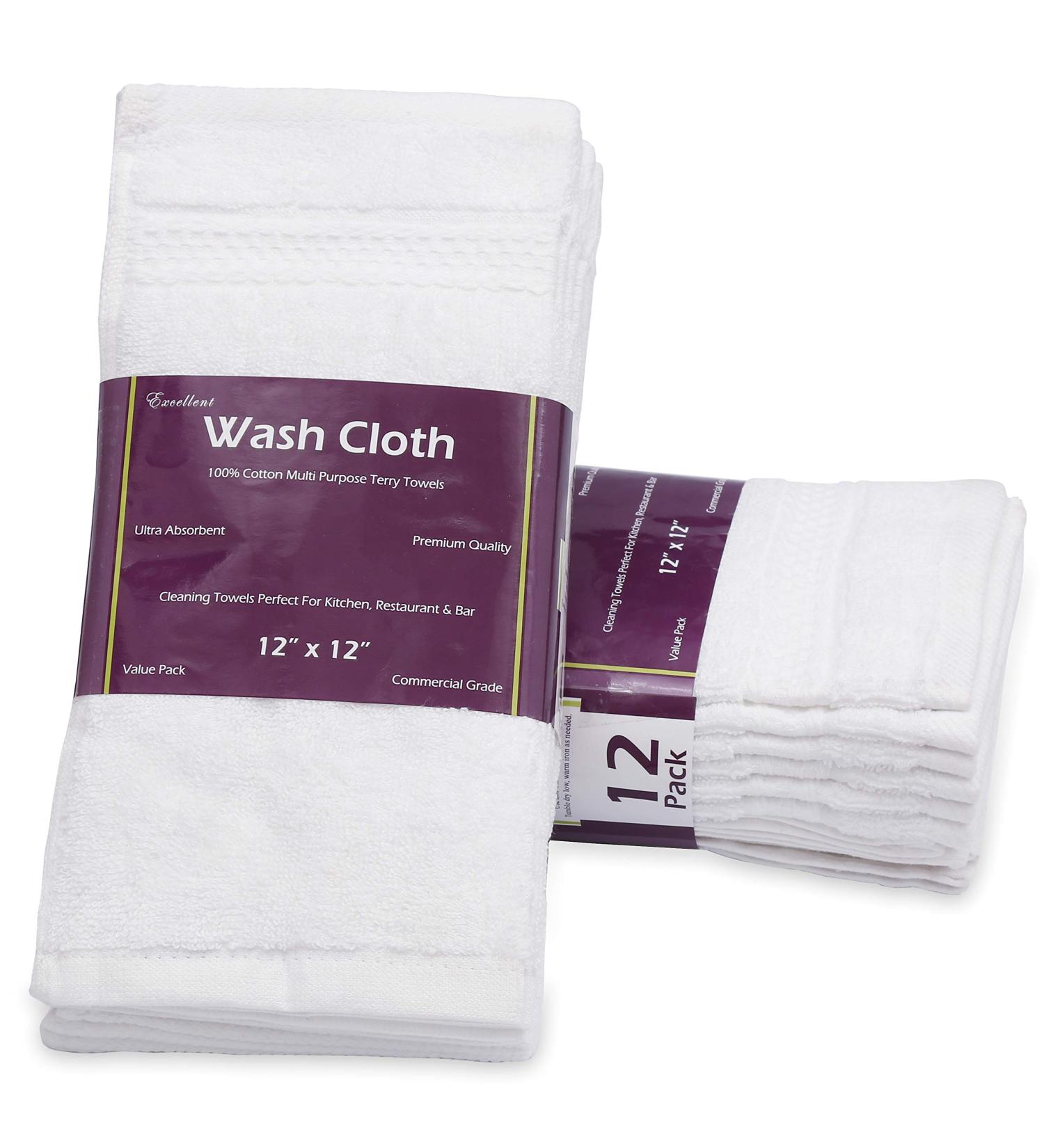 12 Pack White Cotton Wash Cloth Set - Absorbent & Soft Bathroom Washcloths - Machine Washable & Lint Free - 12x12 Face Towels - Buy Online on SooperMarket.com
