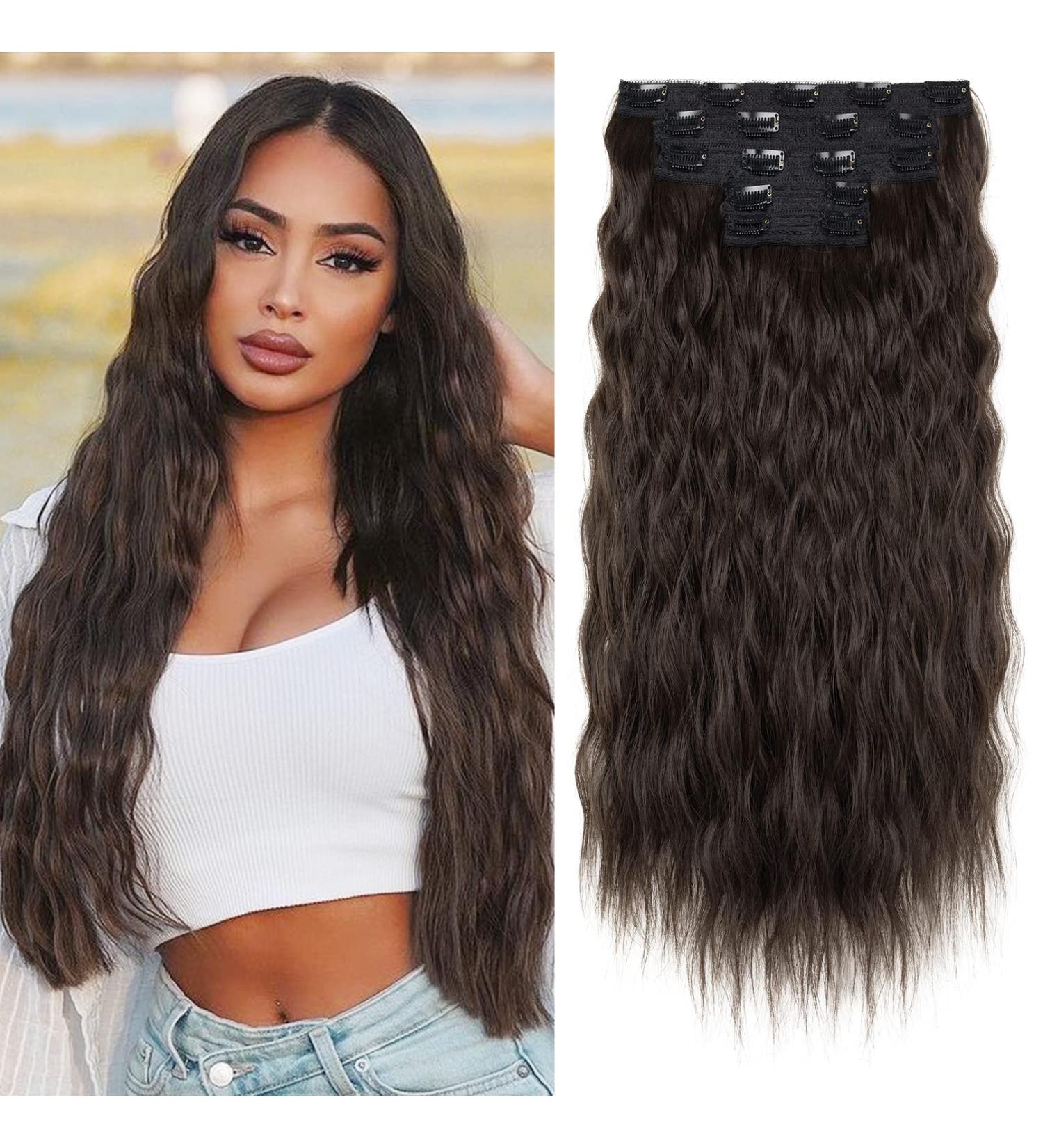 REECHO Clip in Hair Extensions 5PCS Black Brown 24 Thick Long Loose Waves - HE002 Invisible Lace Weft Natural Soft Hairpieces for Women - Buy Online on SooperMarket.com