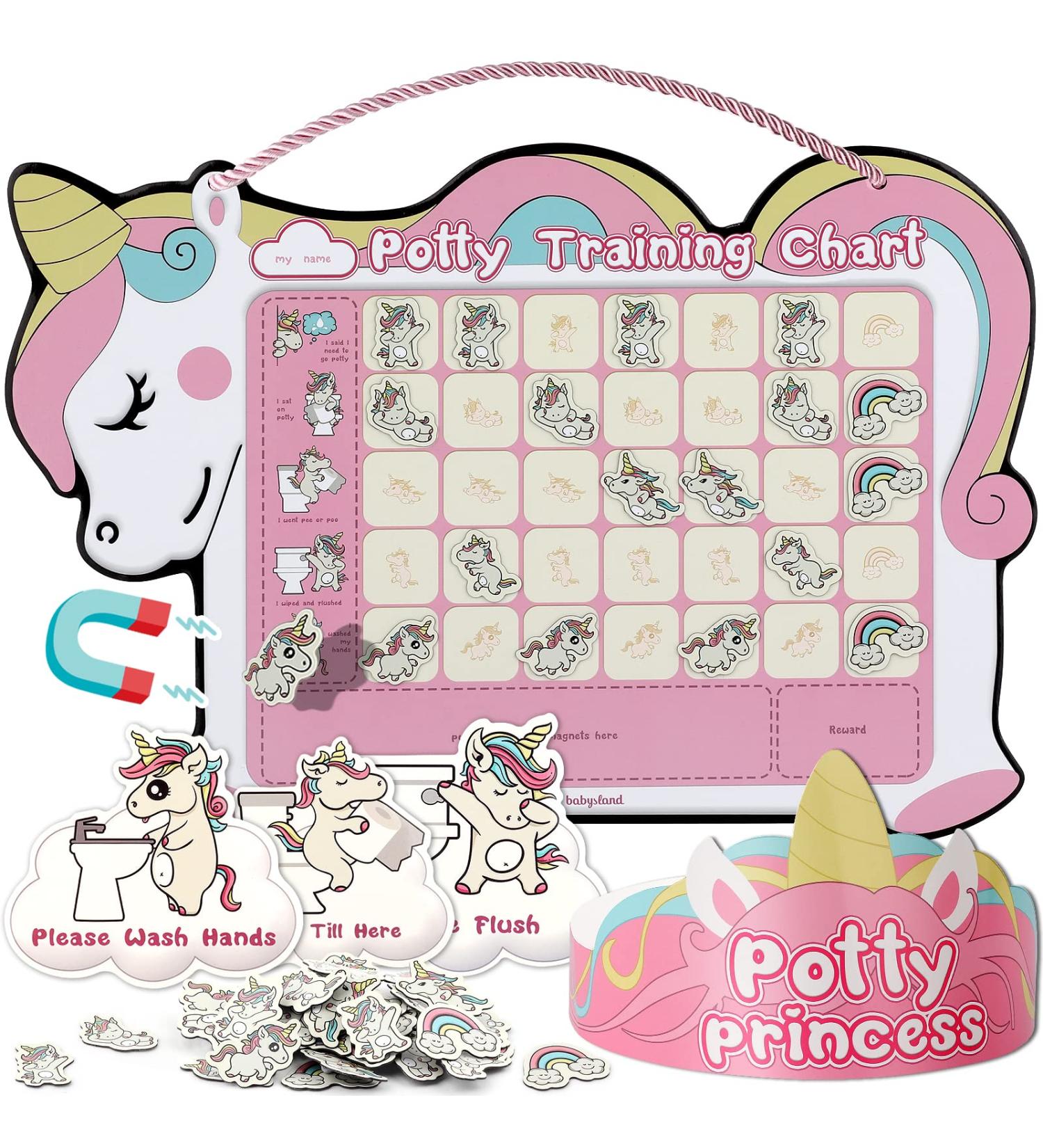 Potty Training Chart for Toddler Girls - Unicorn Design with 35 Reusable Magnetic Stickers | Reward System & Crown Included | 3 Easy Steps - Buy Online on SooperMarket.com