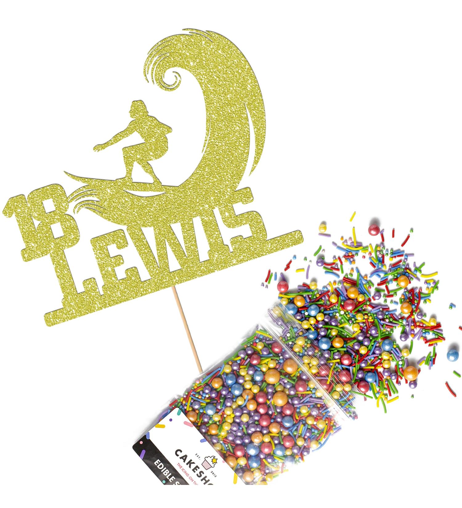 Cakeshop Cake Decoration Pack | Surfer Surfing Theme Premium Double Sided Glitter Card Cake Topper & 25g Party Pack of Cake Sugar Sprinkles | Custom Name & Age Cake Decorations (Champagne) Non-Prime Glitter Card: Champagne - Buy Online on SooperMarket.com