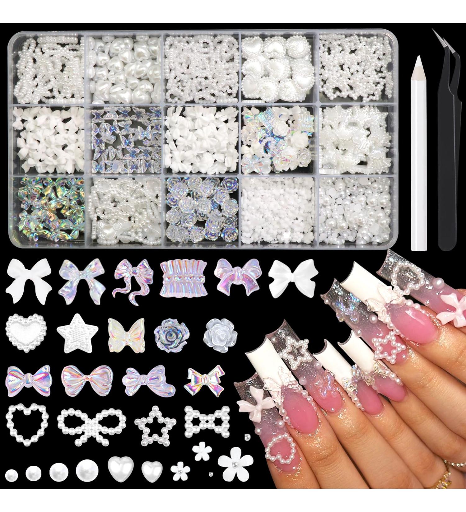 RODAKY 1000PCS Nail Charms - 3D Bows Hearts & Butterflies | Assorted Nail Art Decorations & Flatback Pearl Beads for DIY Manicure - Buy Online on SooperMarket.com