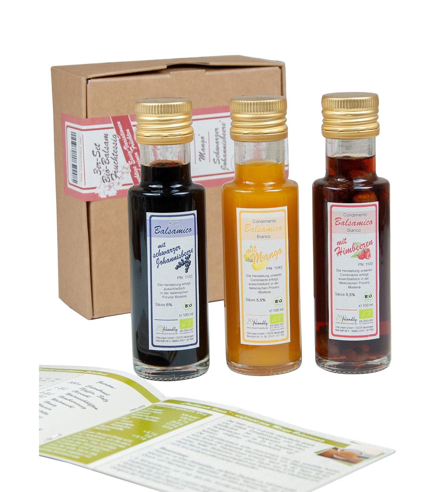 Direct & Friendly Organic Gift Set: Tasting Set of 3x100ml Organic Balsamic Vinegars - Mango Currant Raspberry - Perfect for Gifting & Gourmet Cooking - Buy Online on SooperMarket.com