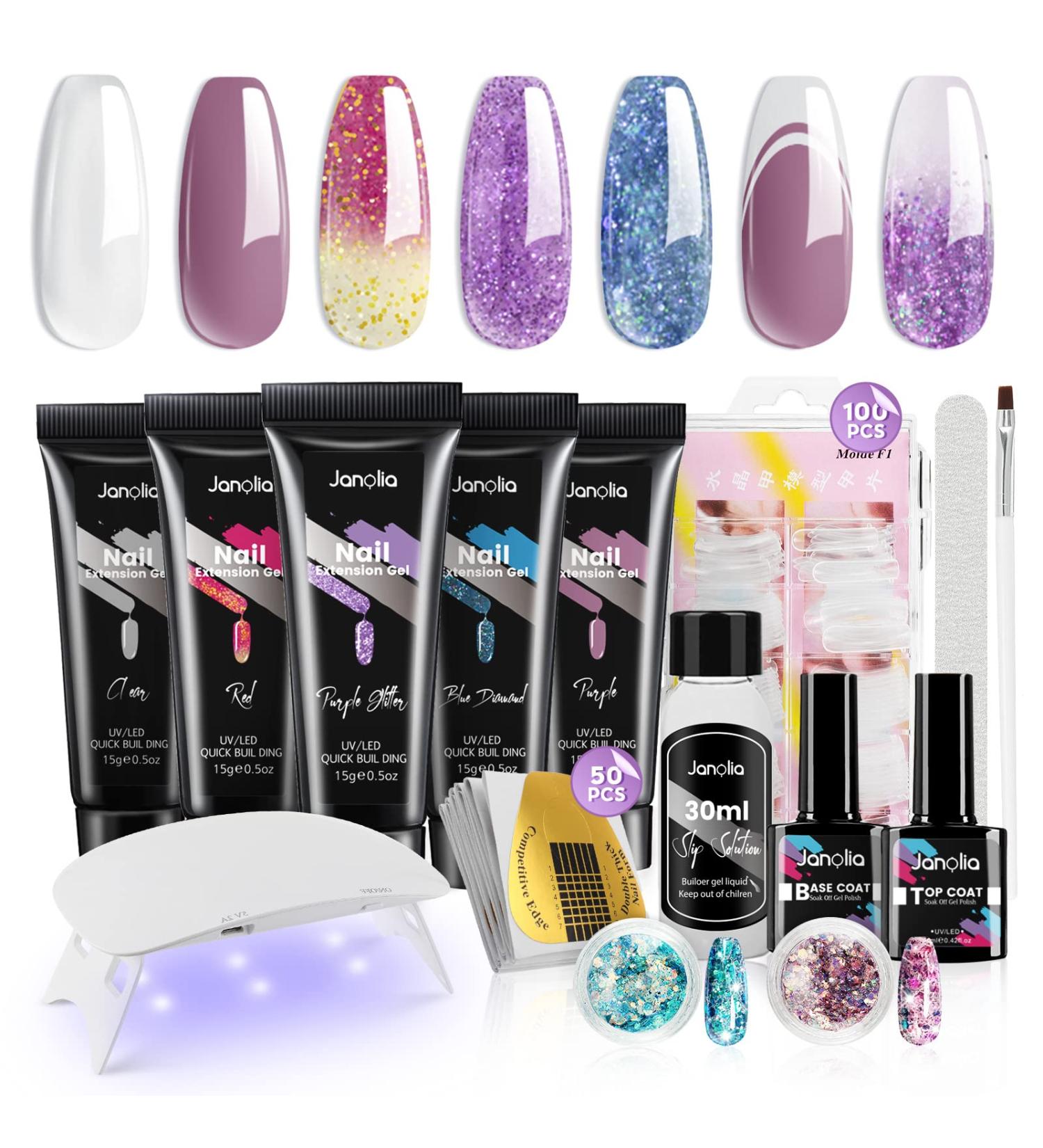 Janolia Amethyst Nail Extension Kit - UV Gel Starter Set with Nail Lamp Base & Top Coat for Perfect Nail Art Design - Buy Online on SooperMarket.com