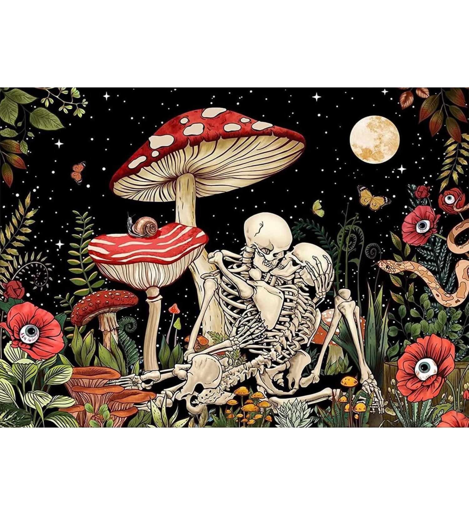 Mushroom Skeleton Trippy Flower Plant Cross Stitch Kit - Hippie Nature Moon Star Design - 12x16 inch - Buy Online on SooperMarket.com