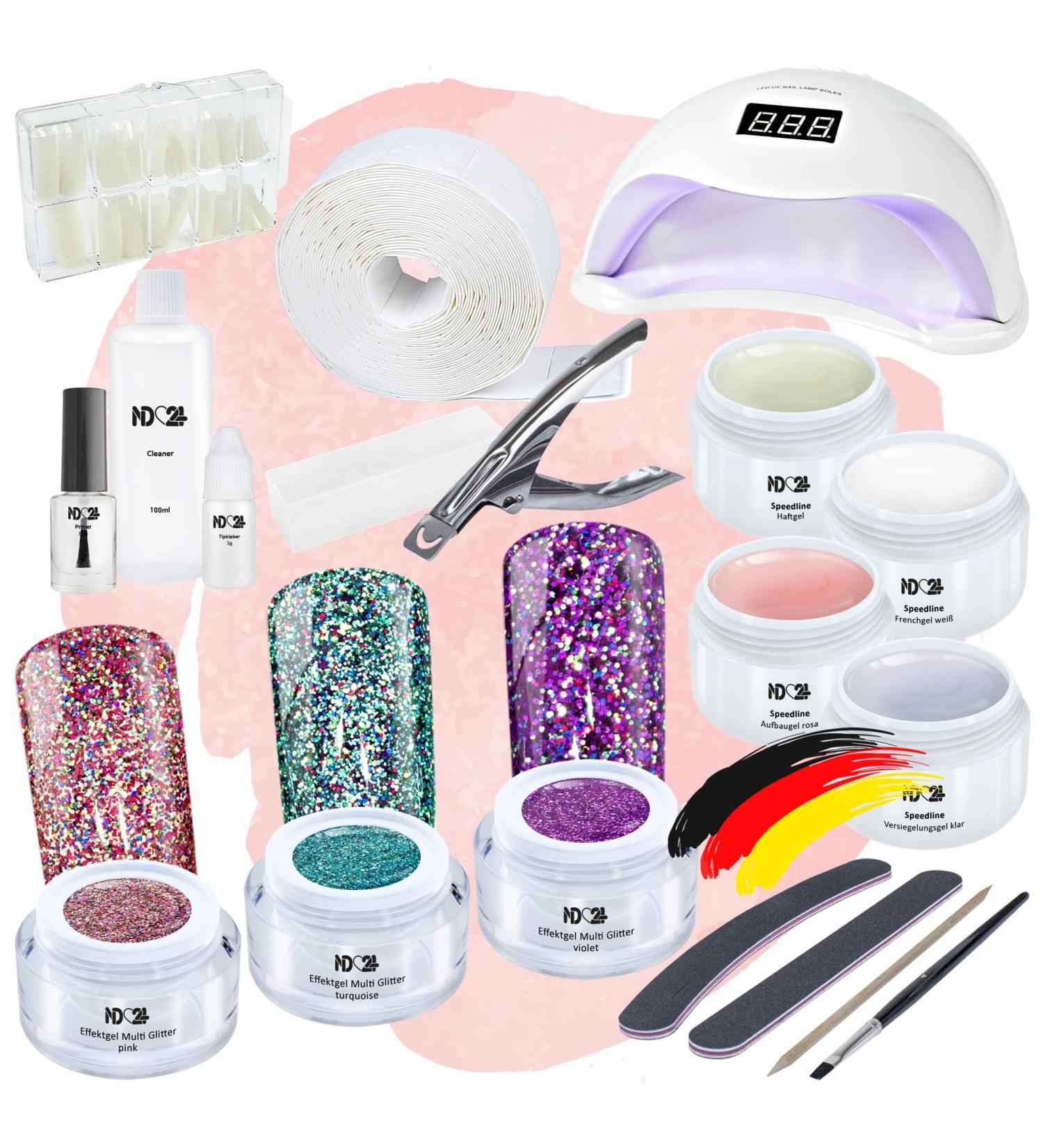 ND24 Naildesign Geln gel Starter Set Premium | Complete Gel Nail Kit with LED Lamp French & Pick-Up Gels Accessories & Funky Glitter - Made in Germany - Buy Online on SooperMarket.com