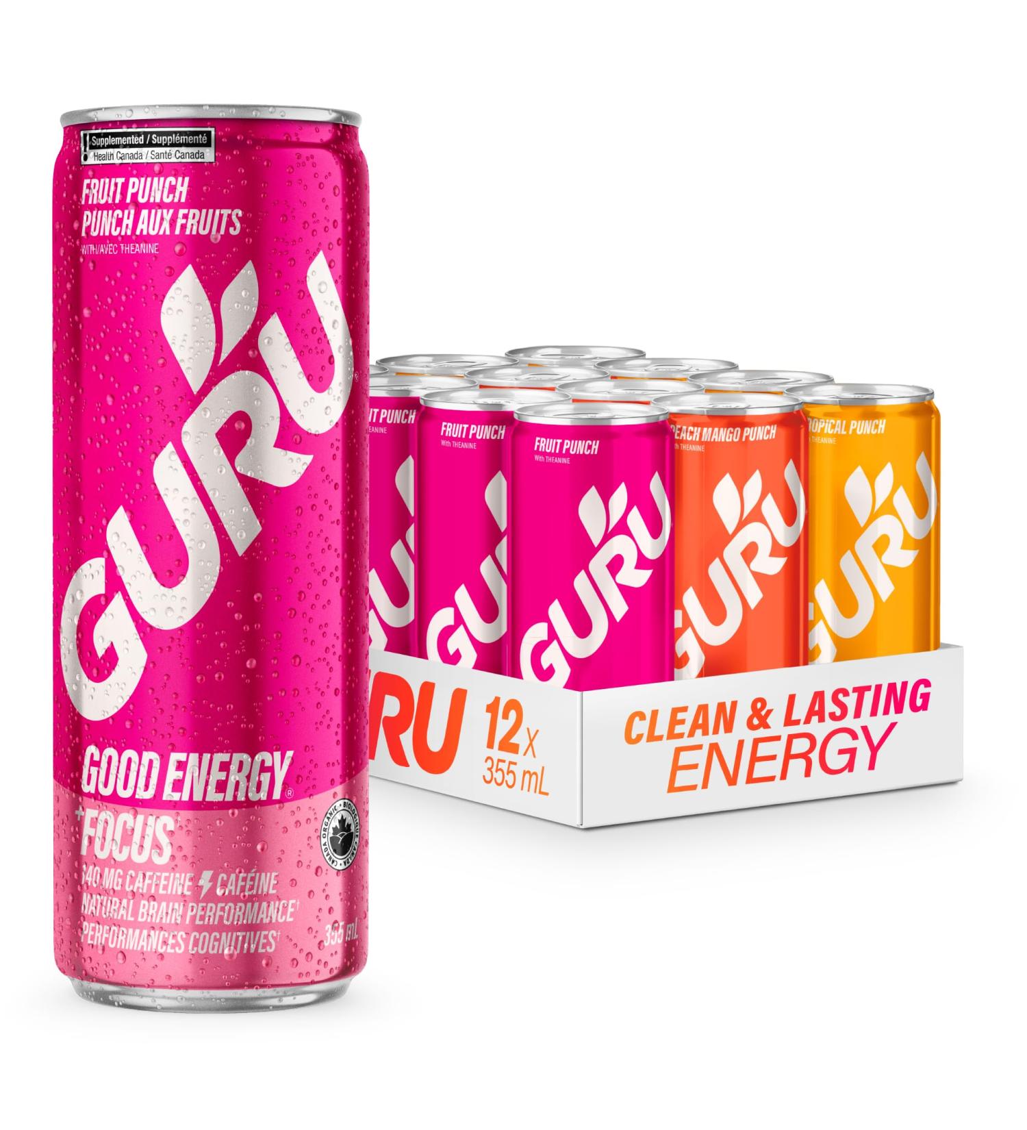 GURU Organic Energy Drink | Variety Pack 355ml | Feel Great and Stay Focused Longer with Plant-Based Energy Natural & Organic Ingredients Low Calories and Great Taste | (Pack of 12)  - Buy Online on SooperMarket.com