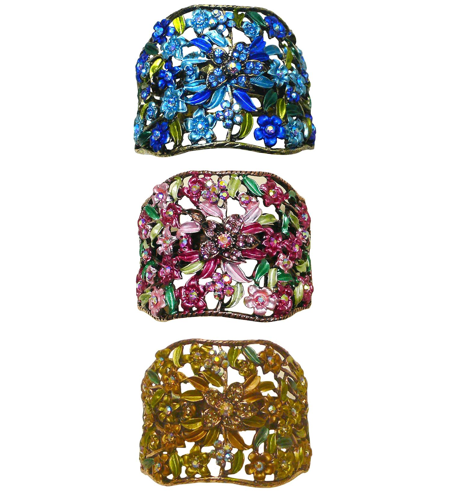 Crystal Flower Hair Holder Ponytail Barrettes Set of 3 - Blue, Rose, Brown | JCGY YY86900-5-3 - Buy Online on SooperMarket.com