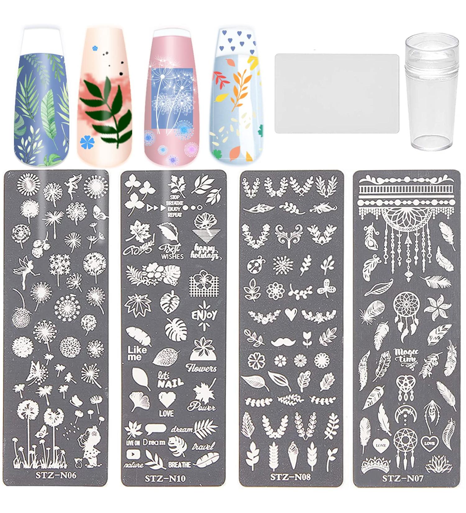 Feather Nail Art Stamping Kit - 4 Templates, Stamper, Scraper, Dreamcatcher Plates for DIY Manicure - Style 1 - Buy Online on SooperMarket.com