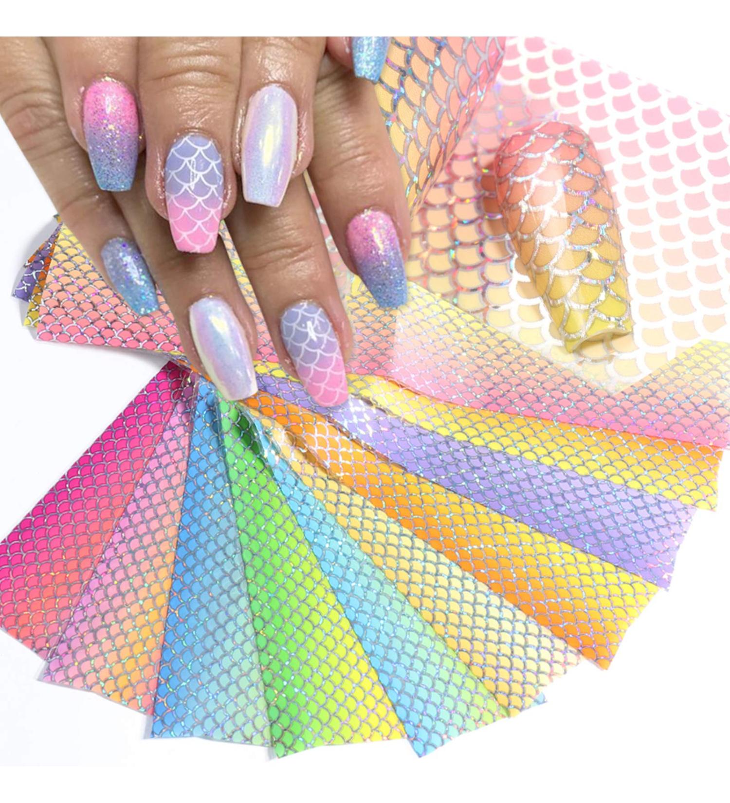 Kalolary Mermaid Nail Foil Transfer Stickers - Holographic Gradient Fish Scales Nail Decals for Women - 10 Sheets - Buy Online on SooperMarket.com