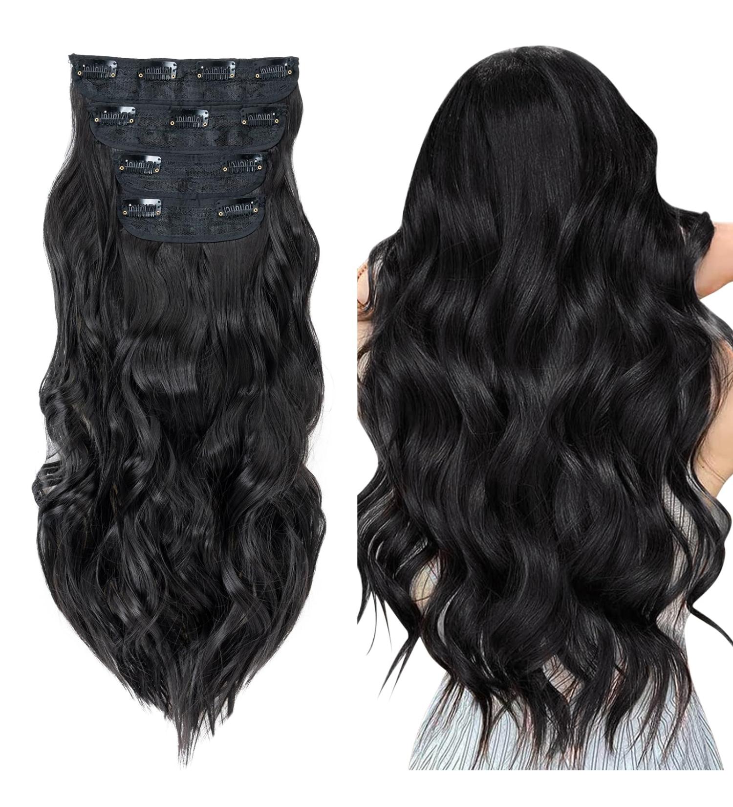 Curly Clip in Hair Extensions 22 Inches - 4PCS/11Clips - Synthetic Fiber - Full Head Wavy Hair Pieces - Curly #Black Brown - Women's Hair Extensions - Buy Online on SooperMarket.com