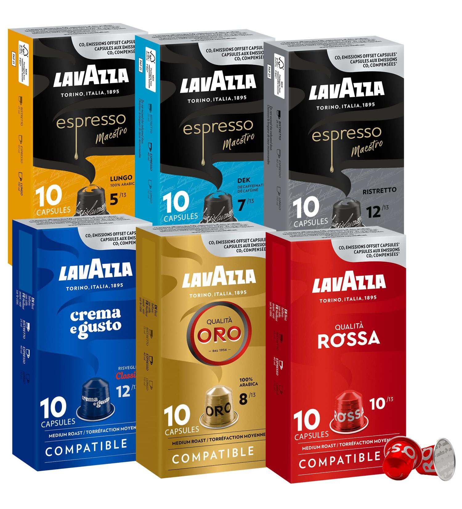 Lavazza Aluminum Espresso Capsules Compatible with Nespresso Original Machines Variety Pack (Pack of 60) Value Pack Blended and roasted in Italy 6 Packs of 10 single serve Nespresso pods Variety Pack 60 count (Pack of 1) - Buy Online on SooperMarket.com