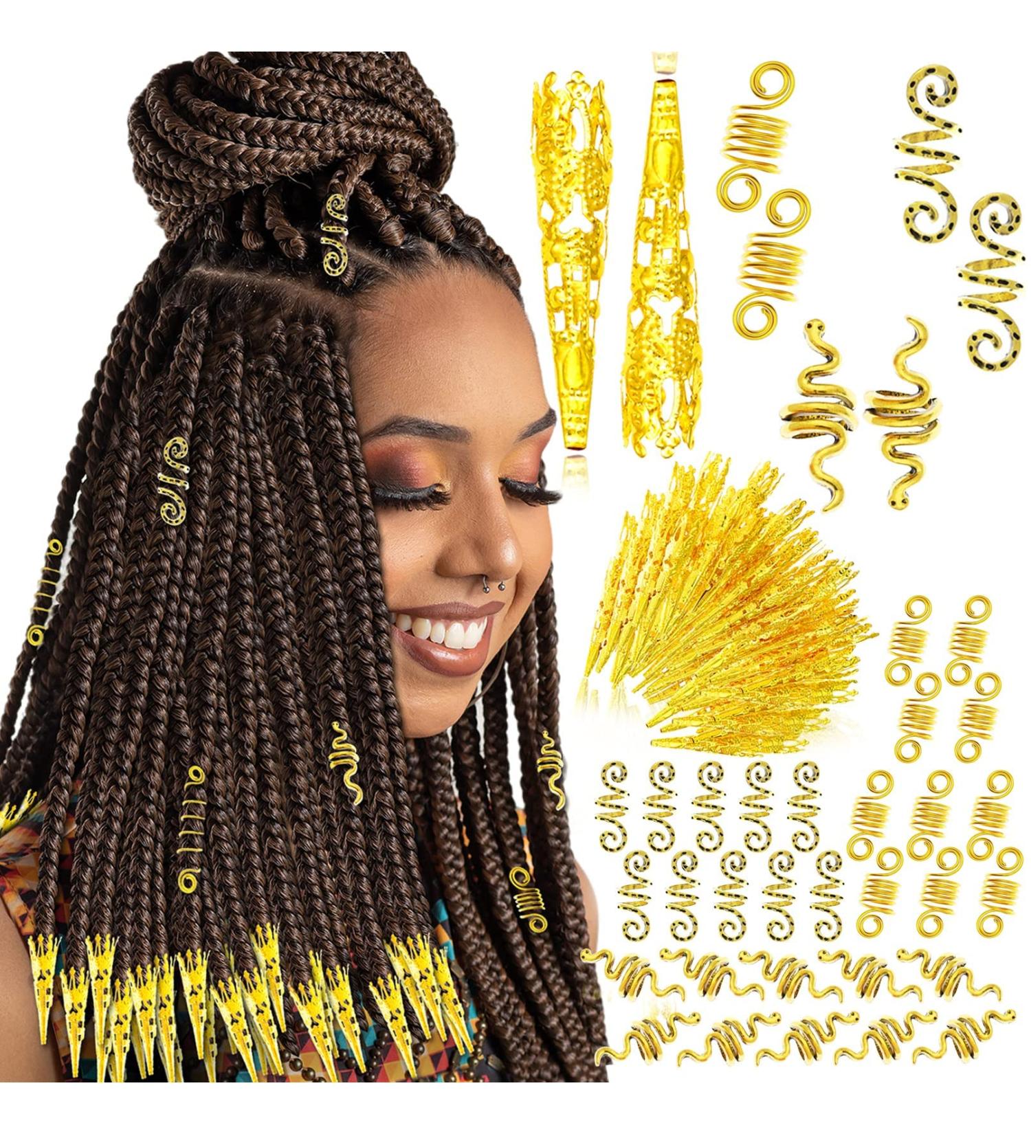 130-Piece Gold Locs Hair Jewelry Kit for Women - Dreadlocks Accessories, Beads, Braids, Hair Cuffs, Charms - Goddess Style - Buy Online on SooperMarket.com
