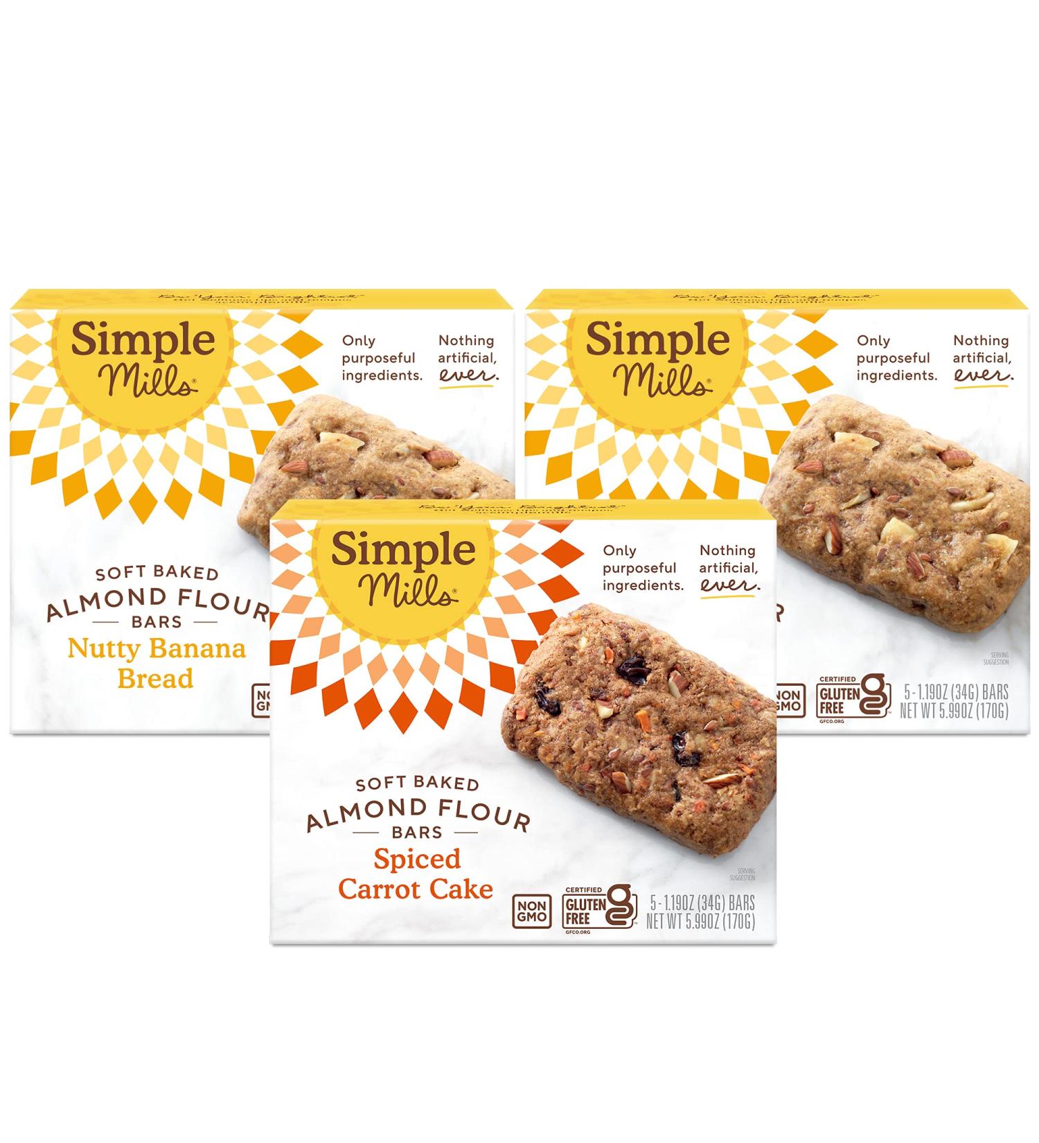 Simple Mills Almond Flour Snack Bars Variety Pack - Nutty Banana Bread & Spiced Carrot Cake - Gluten Free, Organic Coconut Oil, Healthy Breakfast Snacks - 6oz, 5 Count x 3 Pack - Buy Online on SooperMarket.com