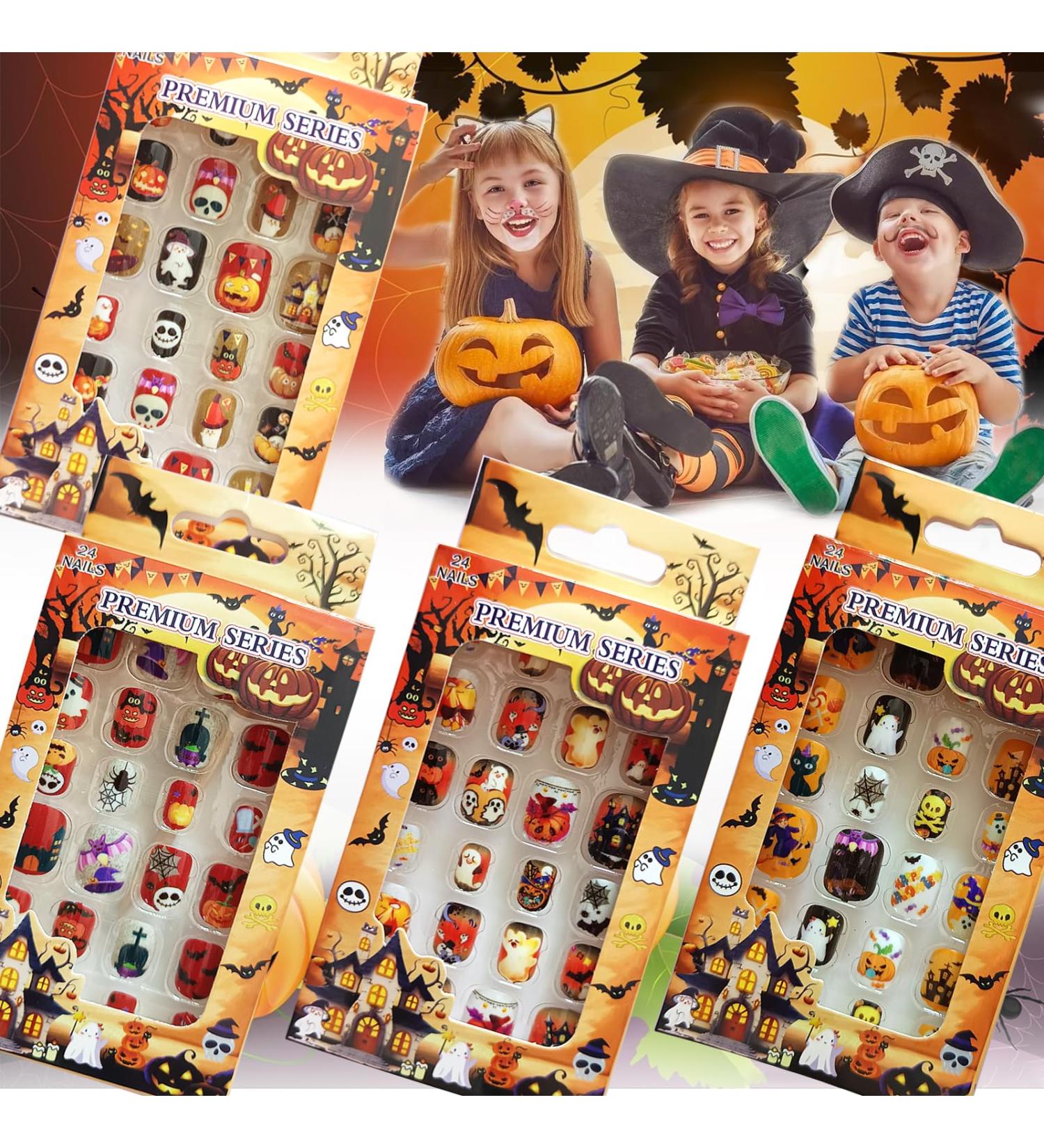 SEO Optimized Meta Title: "Halloween Press on False Nails for Kids - 96 pcs | Full Cover Fake Nails with Adhesive Tabs for Holiday Nail Art Decoration - Buy Online on SooperMarket.com
