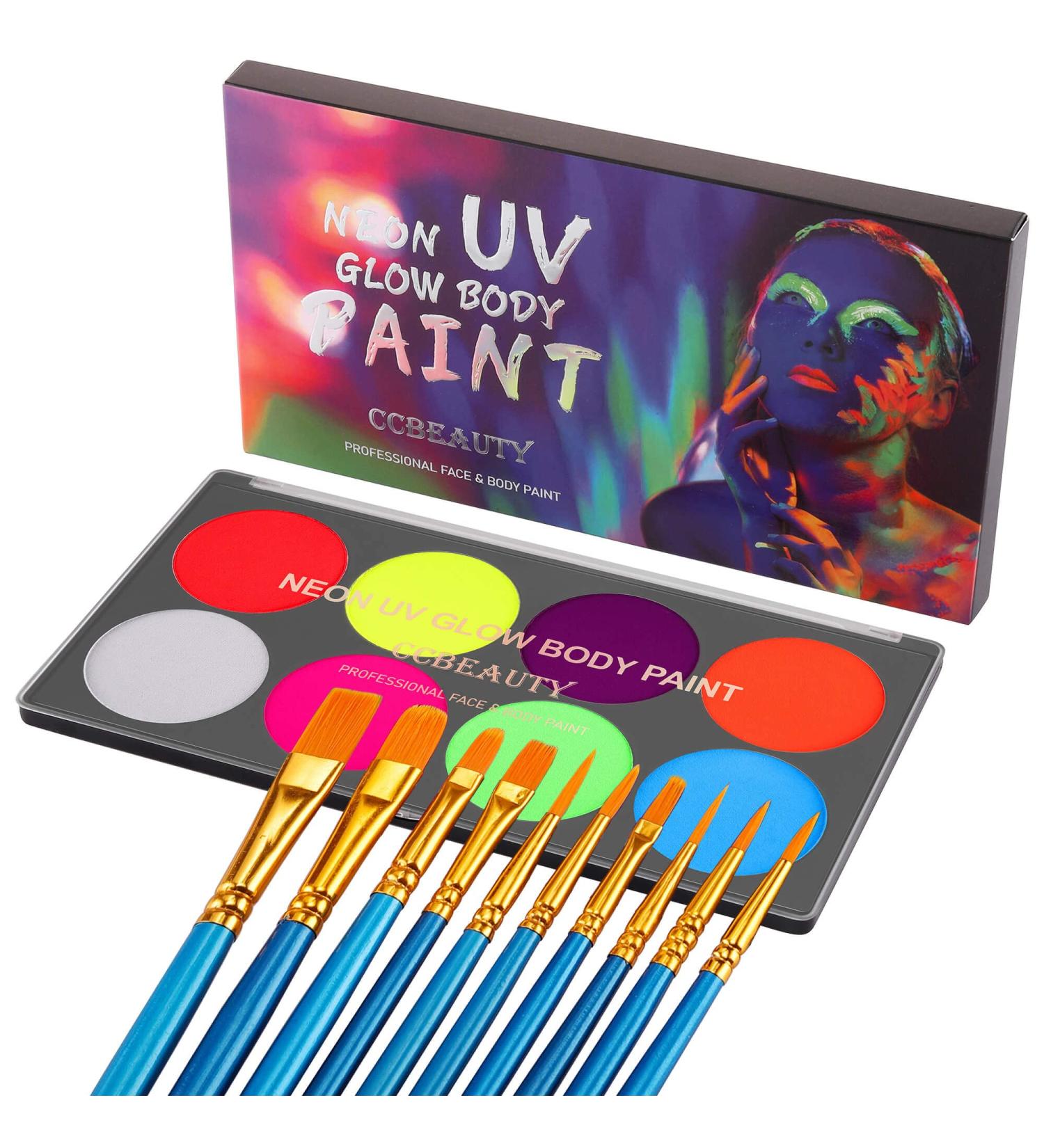 CCbeauty Neon UV Body Paint: 8 Colors Glow In The Dark Face Paint Kit with Brushes - Non-Toxic Professional Makeup for Adults Halloween Costumes - Buy Online on SooperMarket.com