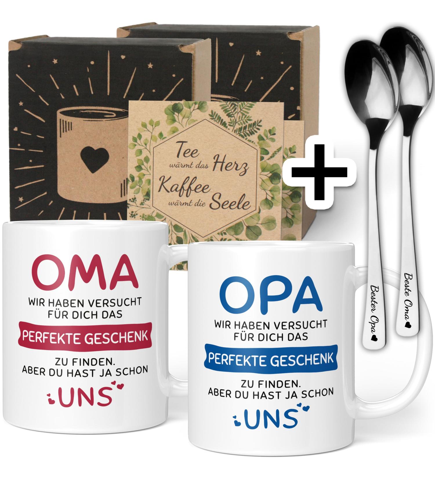 Unique Grandma & Grandpa Gift Set with Spoons | Ceramic Cups & Spoons | Perfect Christmas Gifts | 330ml Red & Blue Set - Buy Online on SooperMarket.com