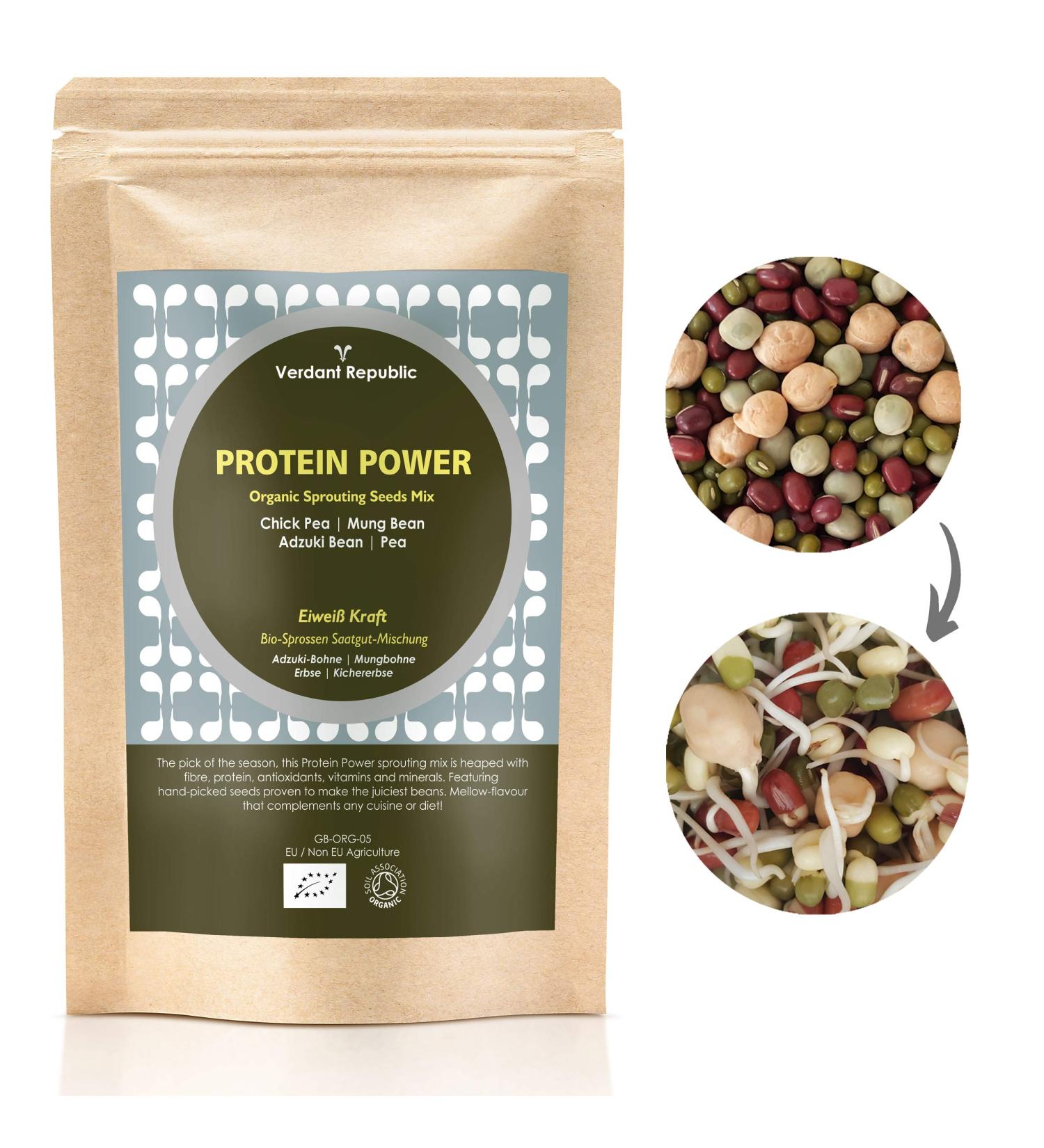 VERDANT REPUBLIC Organic Protein Power Sprouting Seeds Mix 500g | Non GMO Superfood Microgreens | Easy to Sprout with Peas Chick Pea Mung & Adzuki Beans - Buy Online on SooperMarket.com