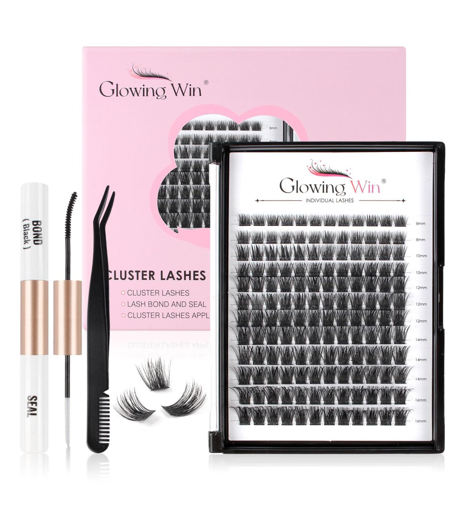 Glowing Win DIY Cluster Lashes Set - 144PCs Individual Eyelash Extensions with Bond Sea & Tweezers | 8-16mm Natural Fake Lashes - Buy Online on SooperMarket.com