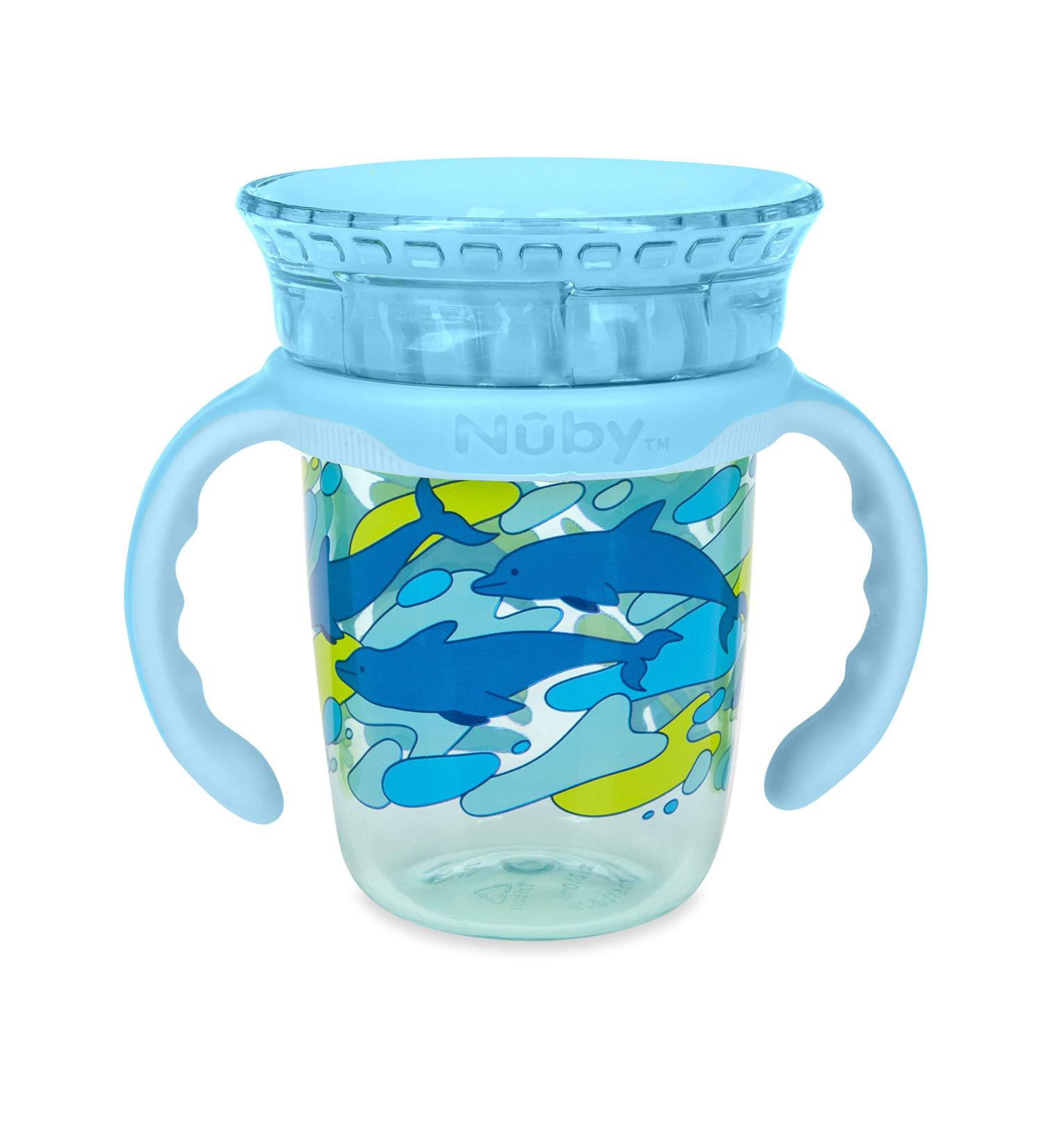 Nuby 360 Edge 2 Stage Rim Cup 8oz Dolphins Aqua - Removable Handles, Hygienic Cover | 12M+ | 240ml (80818) - Buy Online on SooperMarket.com